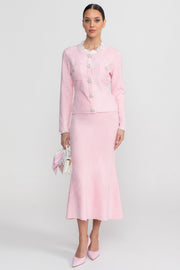 Fleur Blush Pink Long Sleeve Co-Ord With Fitted Knit Bodice And Crystal Button Detail
