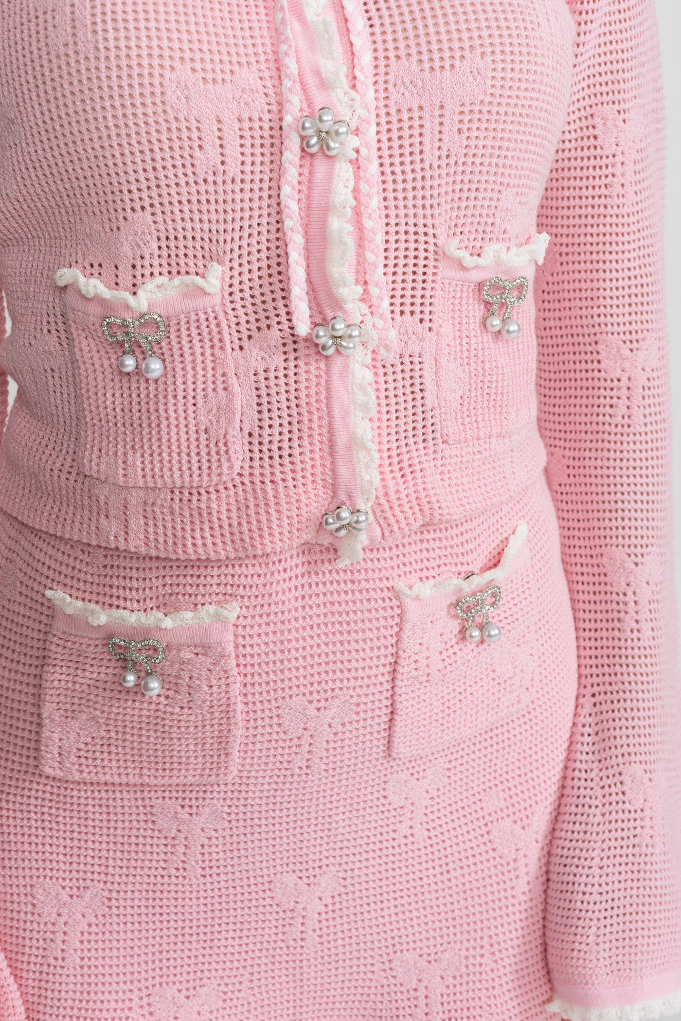 Knit Co-ord Set With Pearl and Bow Detailing – Baby Pink