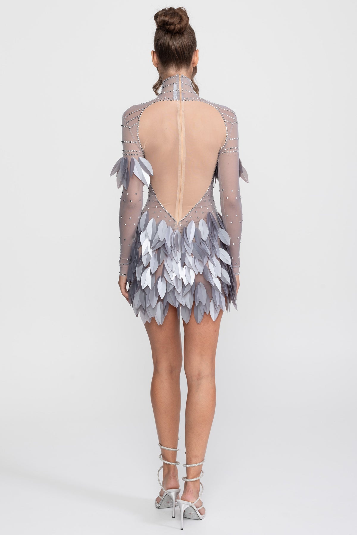 Sheer Mesh Feather-Panel Mini Dress With Crystal Neckline - Gray