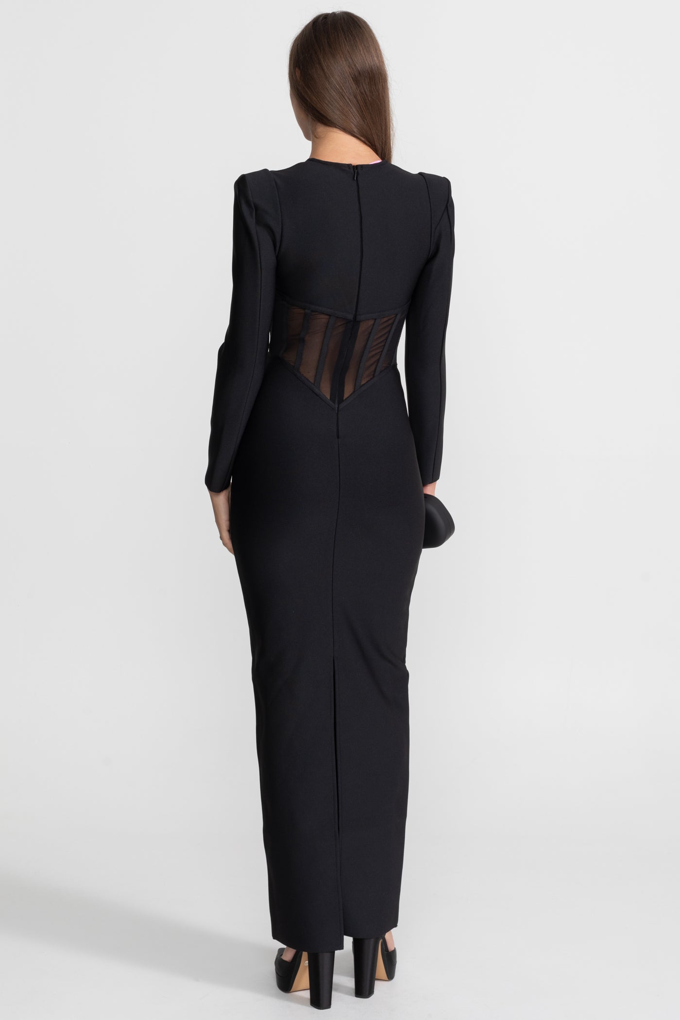 Maxi Dress with Sheer Corset Bodice and Structured Shoulders - Black