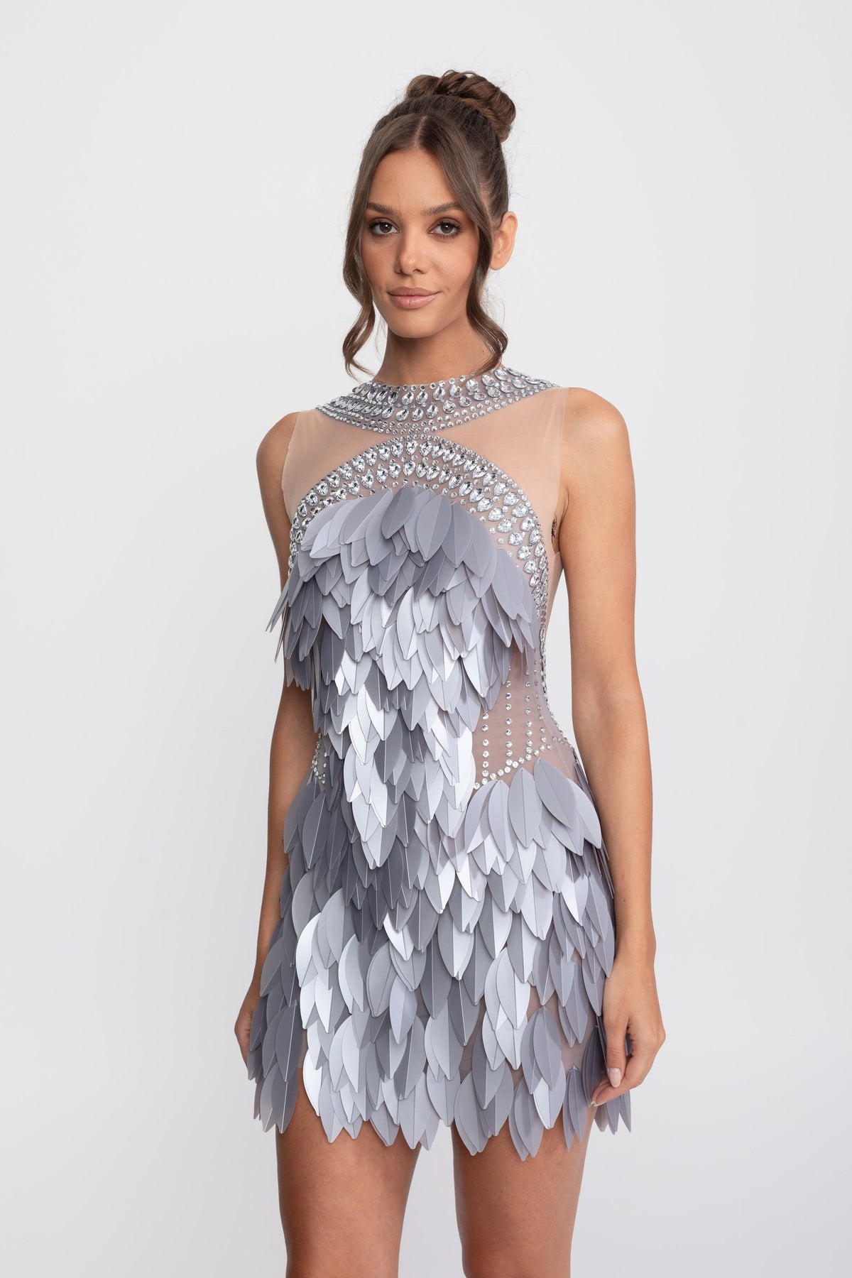 Sleeveless Sheer Mesh Feather-Panel Mini Dress With Crystals  - Gray