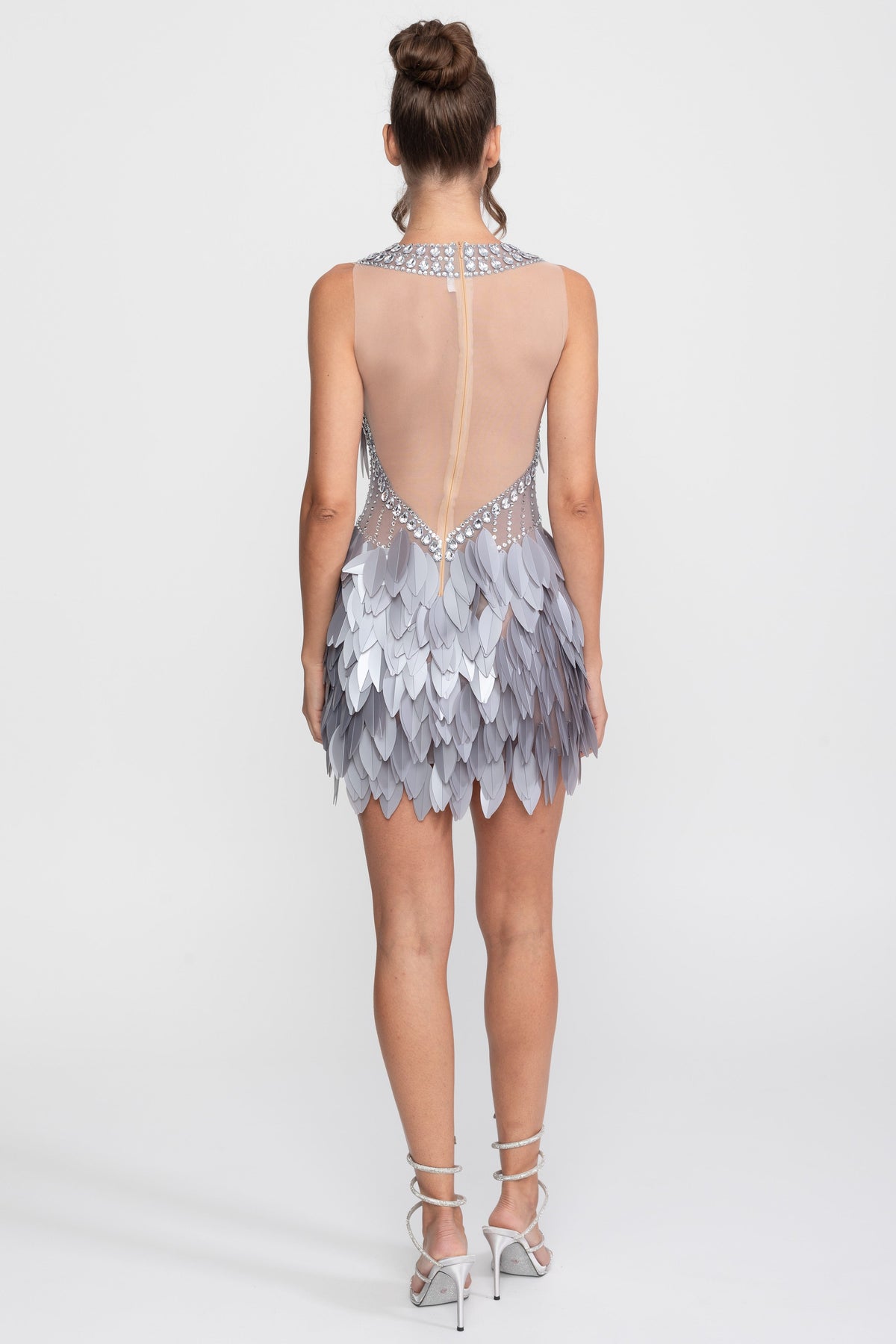 Sleeveless Sheer Mesh Feather-Panel Mini Dress With Crystals  - Gray