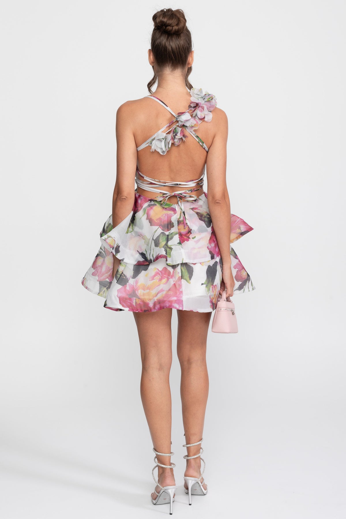 Floral Print Tiered Mini Dress With Ruffled Shoulder Strap - White