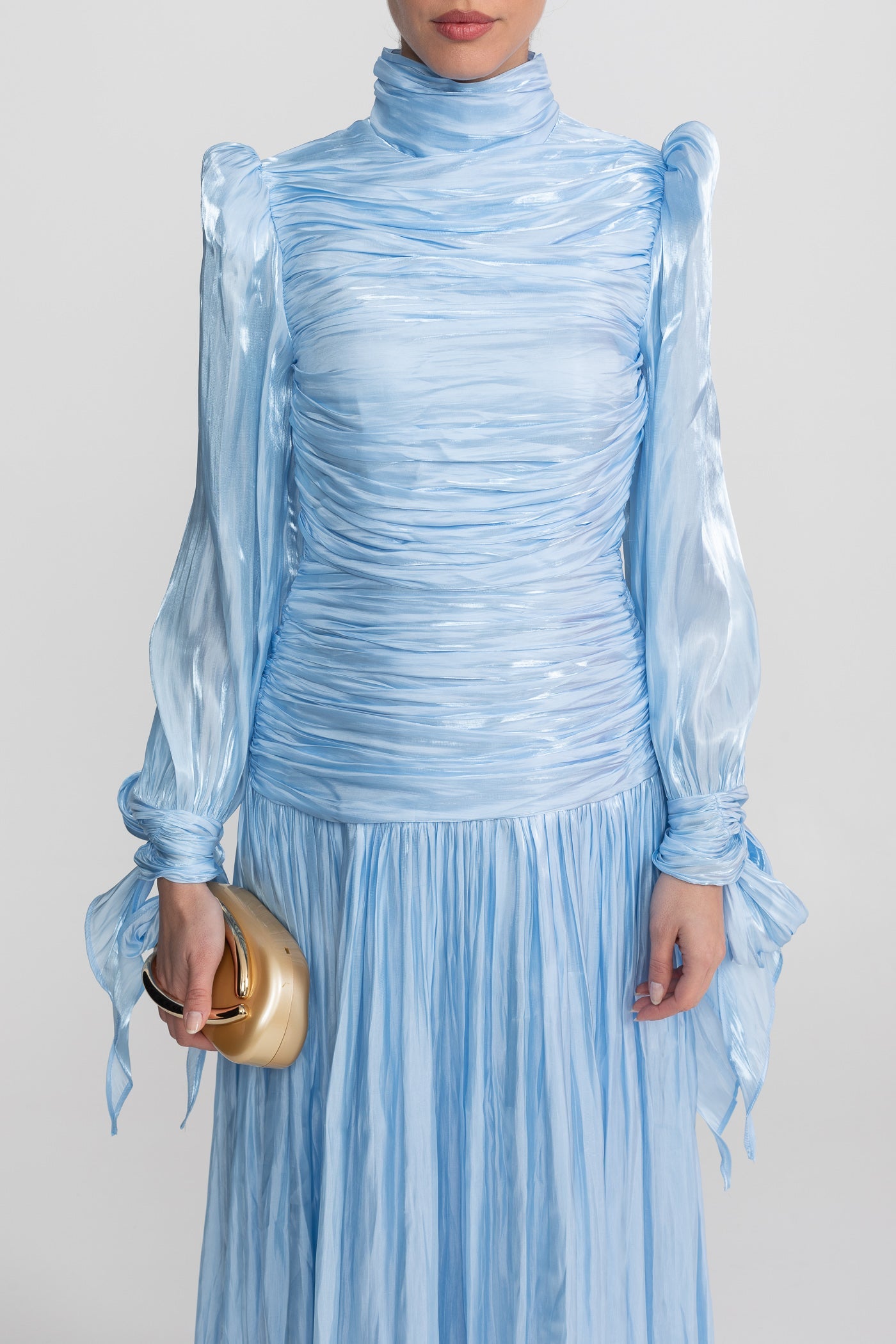 Ruched Long Sleeve Maxi Dress With Pleated Skirt - Sky Blue