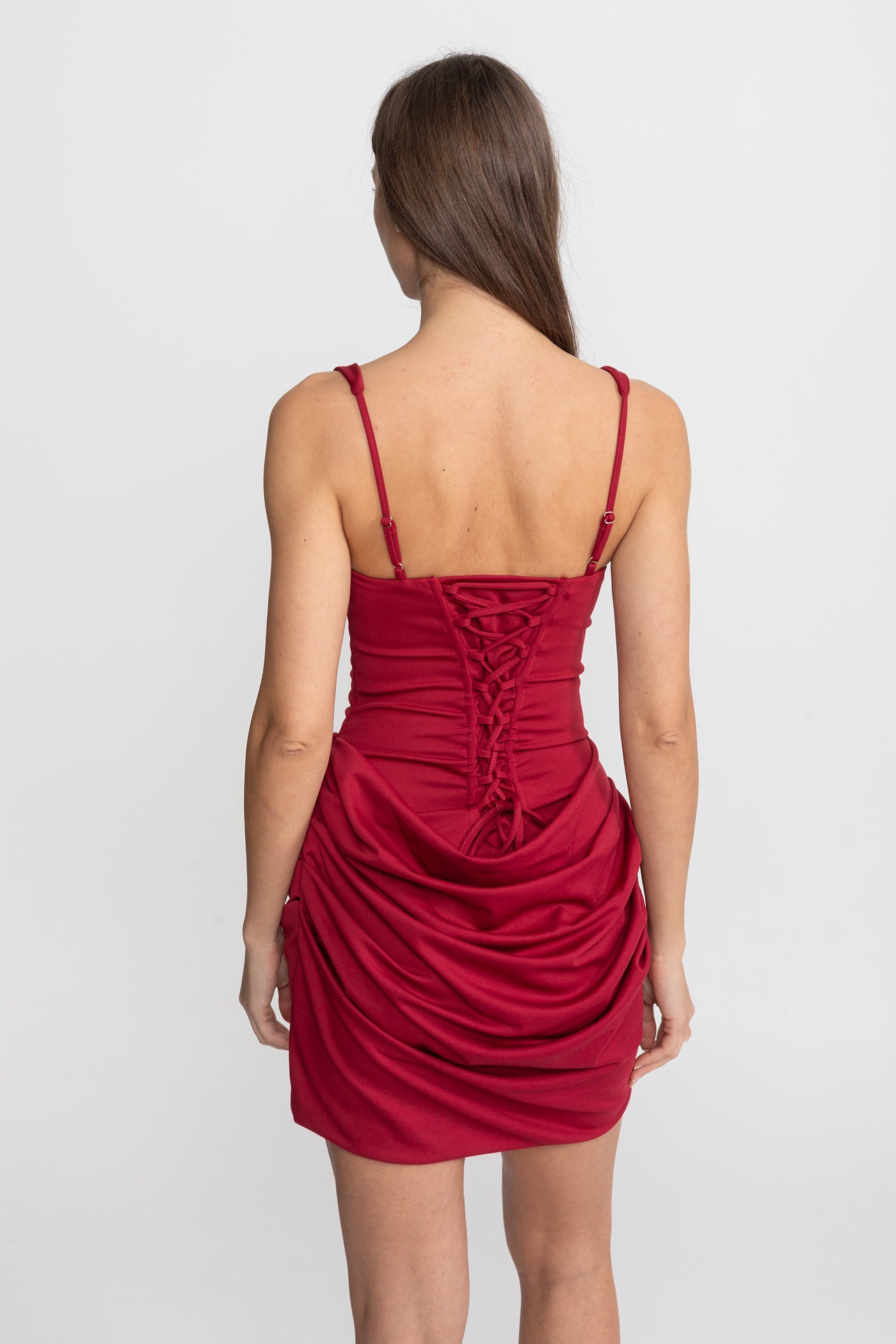 Corset Mini Dress with Ruched Skirt Detail – Red