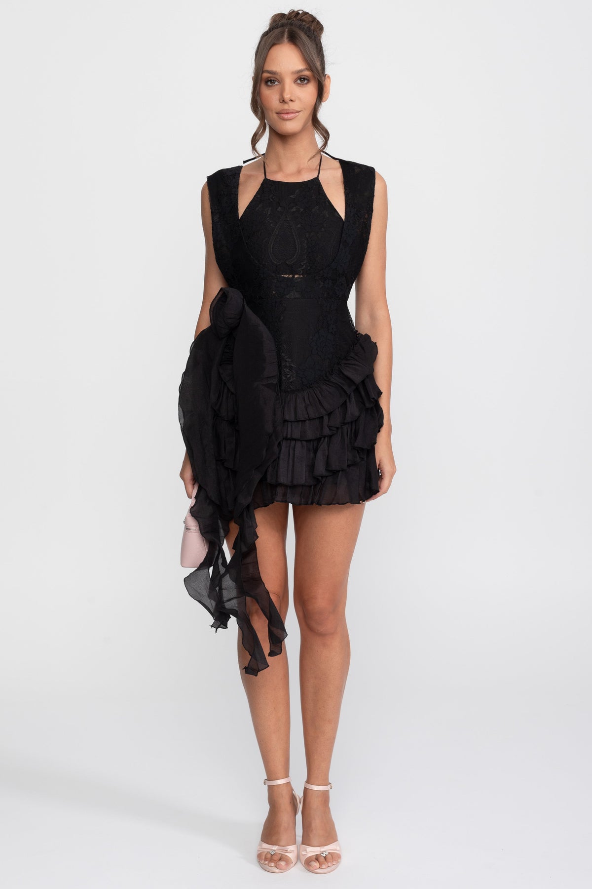 Lace Halter Rosette Mini Dress With Ruffle Skirt - Black