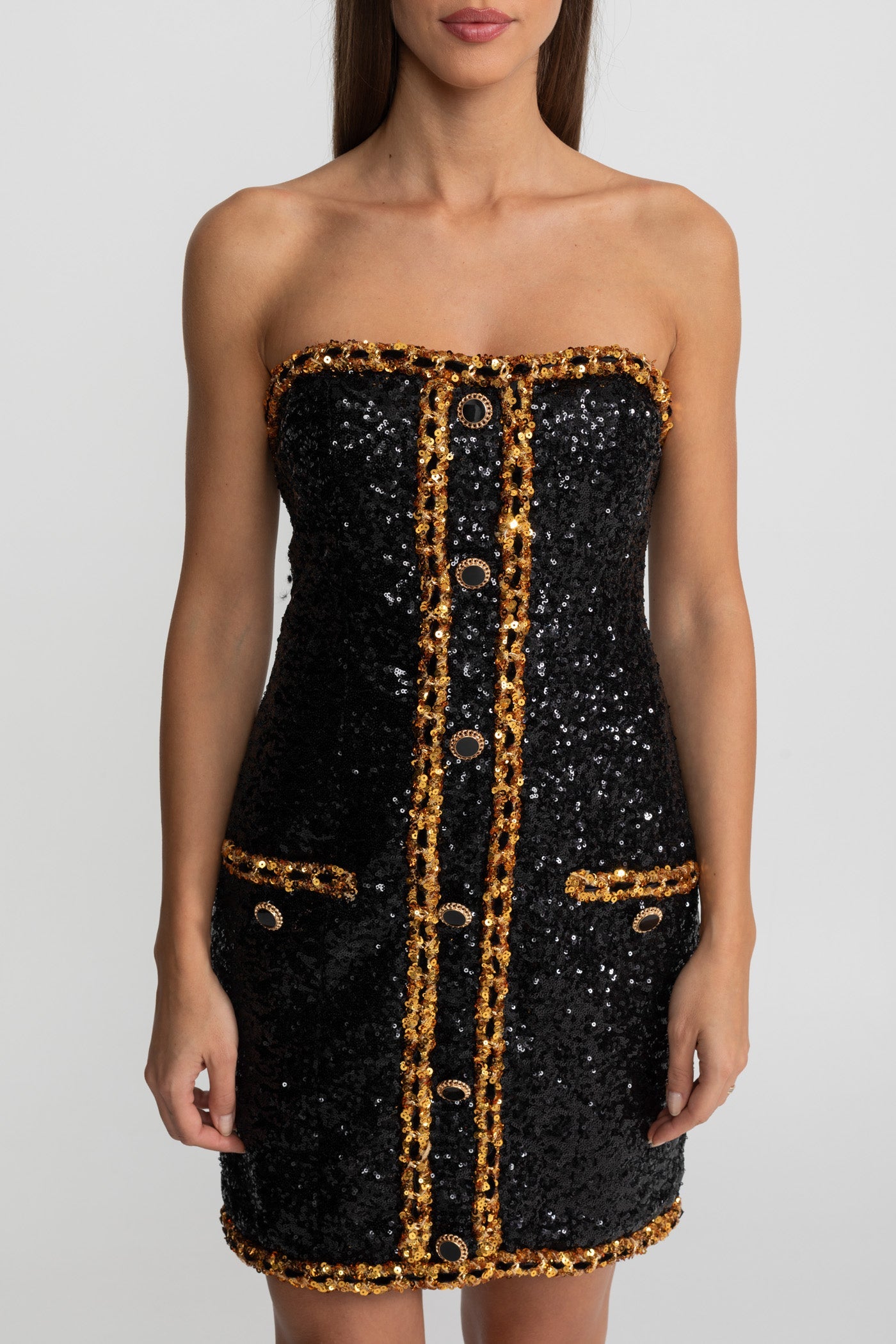 Strapless Sequin Mini Dress With Chain Trim Detailing – Black