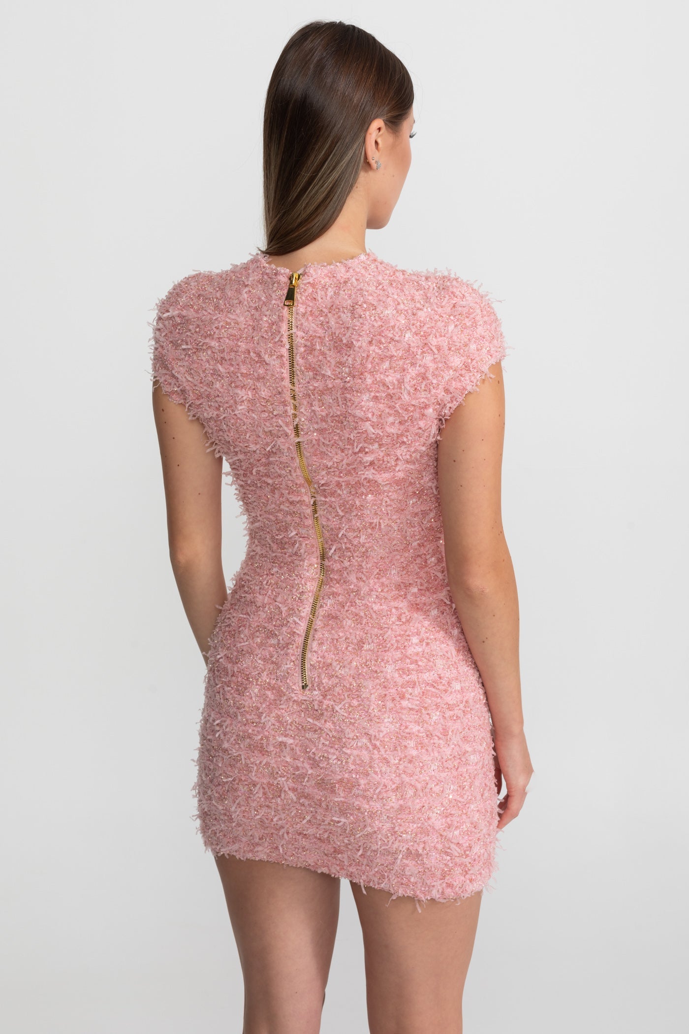 Textured Tweed Mini Dress With Gold Button Embellishments – Pink