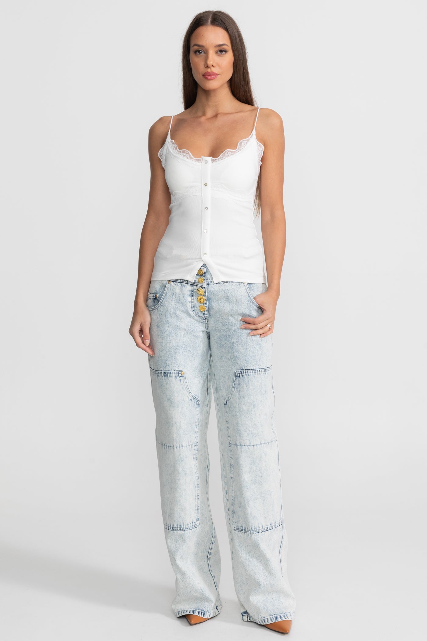 Lace-Trimmed Ribbed Camisole with Buttoned Front - White