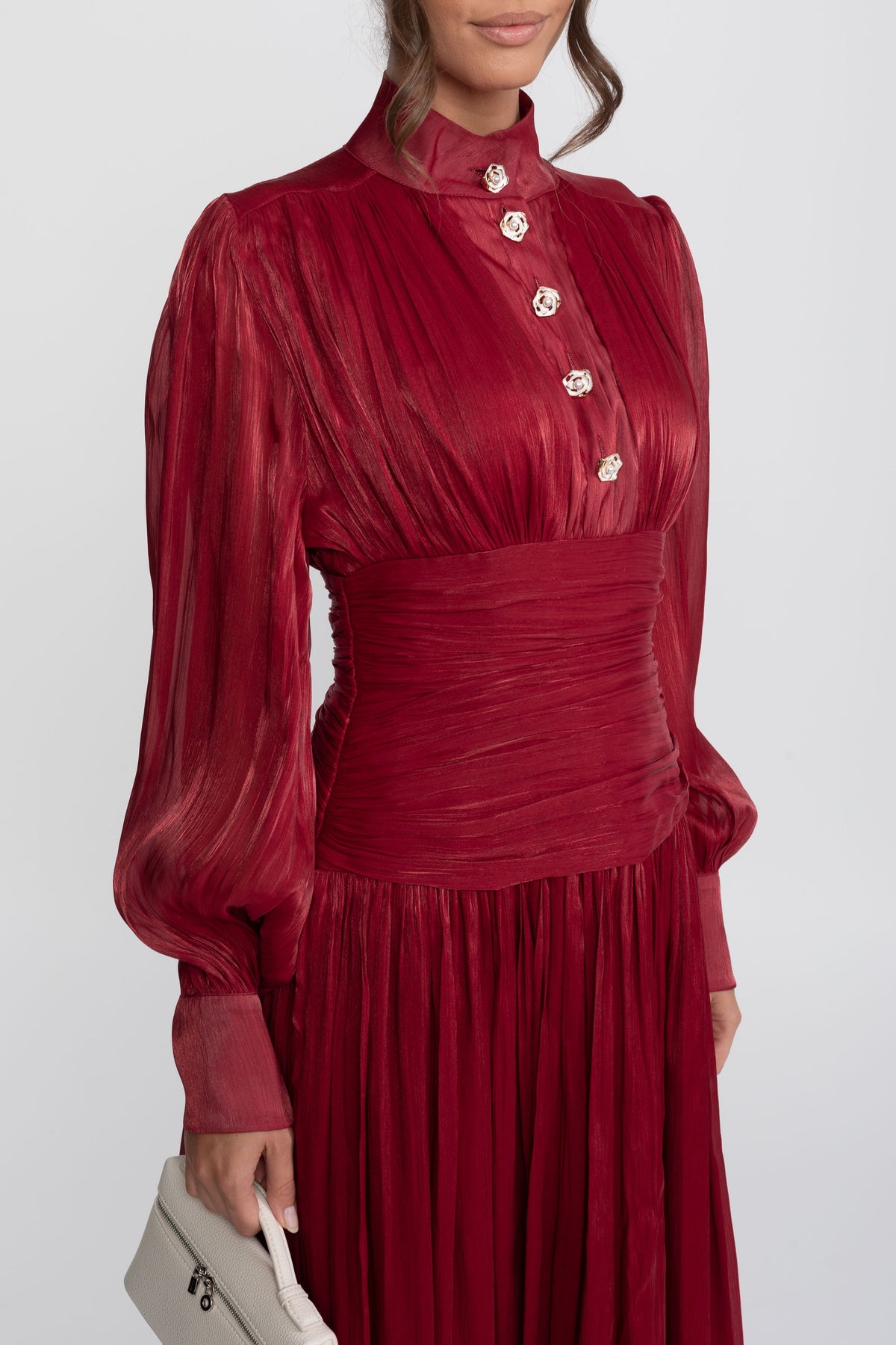 Balloon-Sleeve Tiered Maxi Dress With Jeweled Rose Buttons - Red
