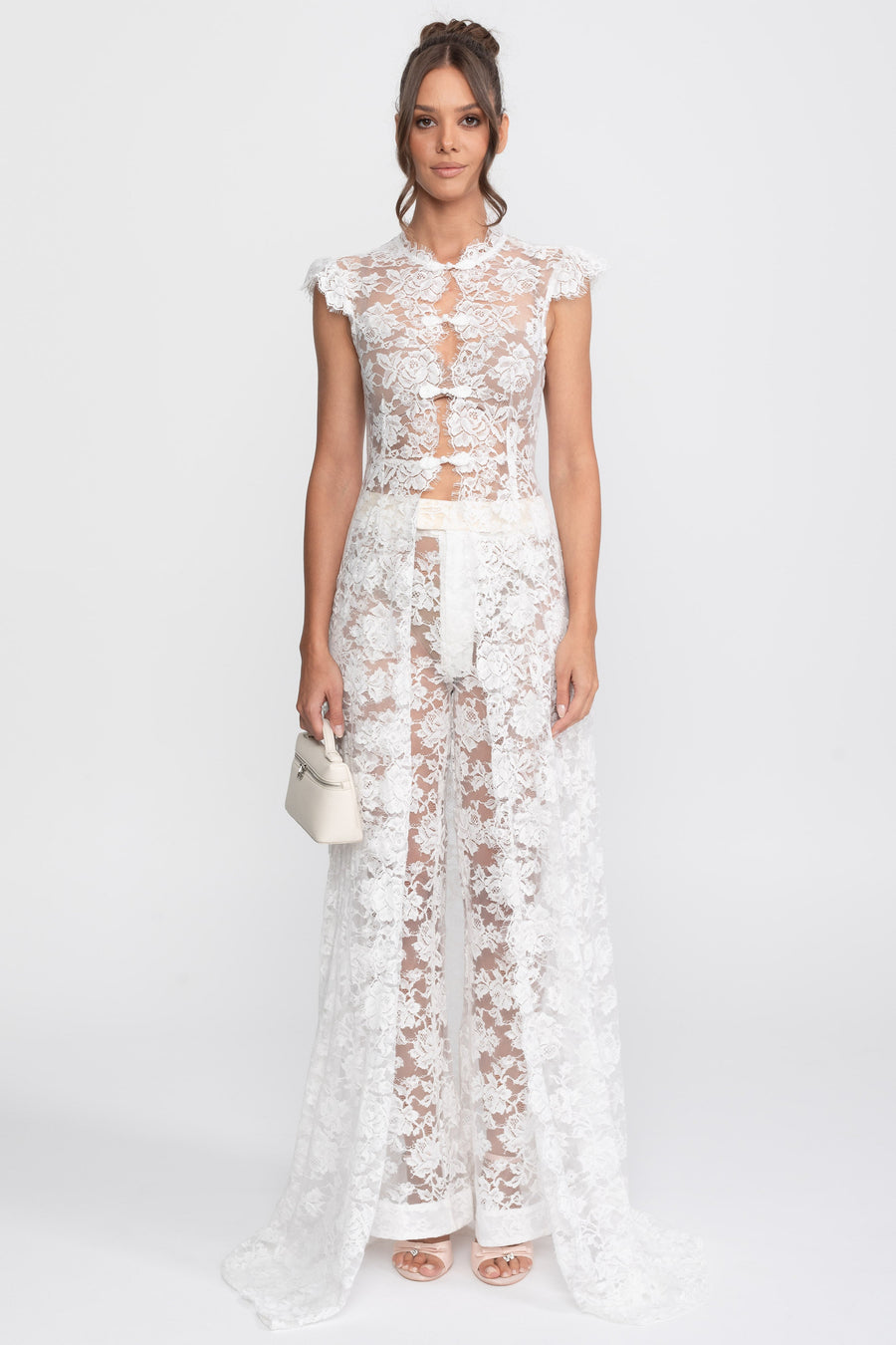 Sheer Lace Top And Palazzo Pants Set With Trailing Panel - White