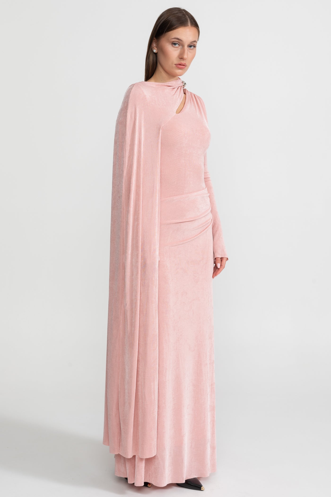 Elegant Draped Gown With Asymmetric Cutout – Blush Pink
