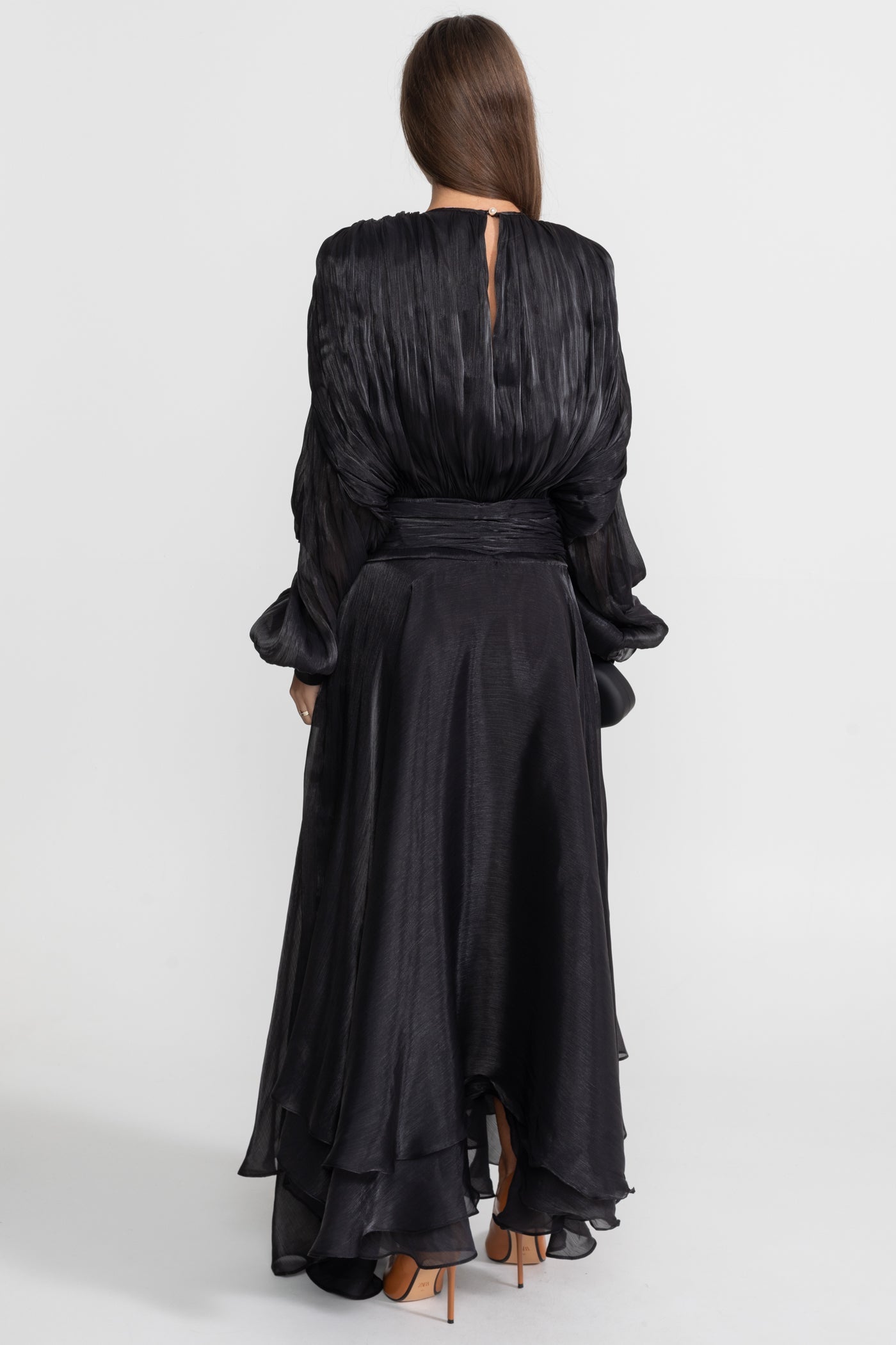 Maxi Dress with Pleated Bodice and Draped Skirt - Black