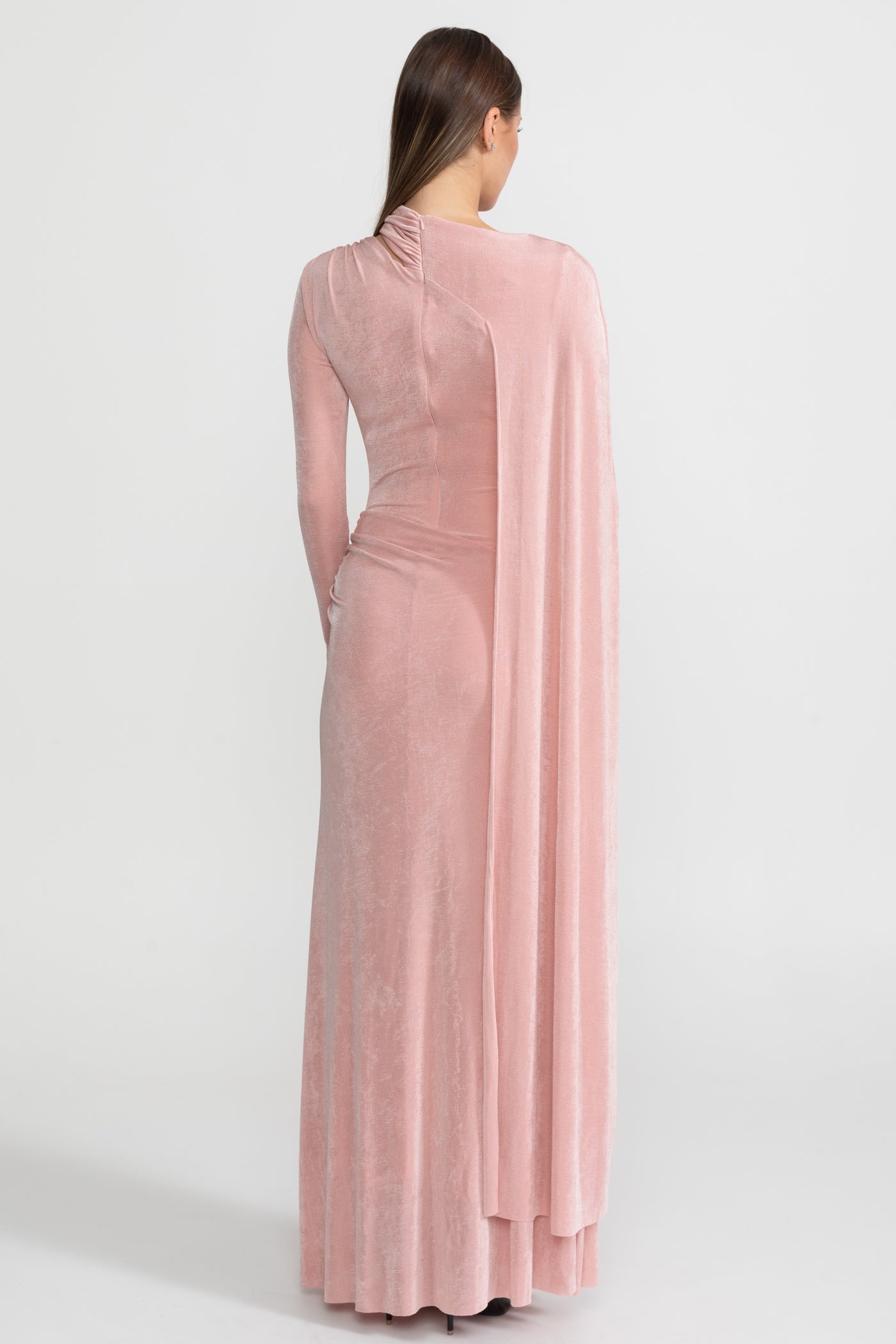 Elegant Draped Gown With Asymmetric Cutout – Blush Pink