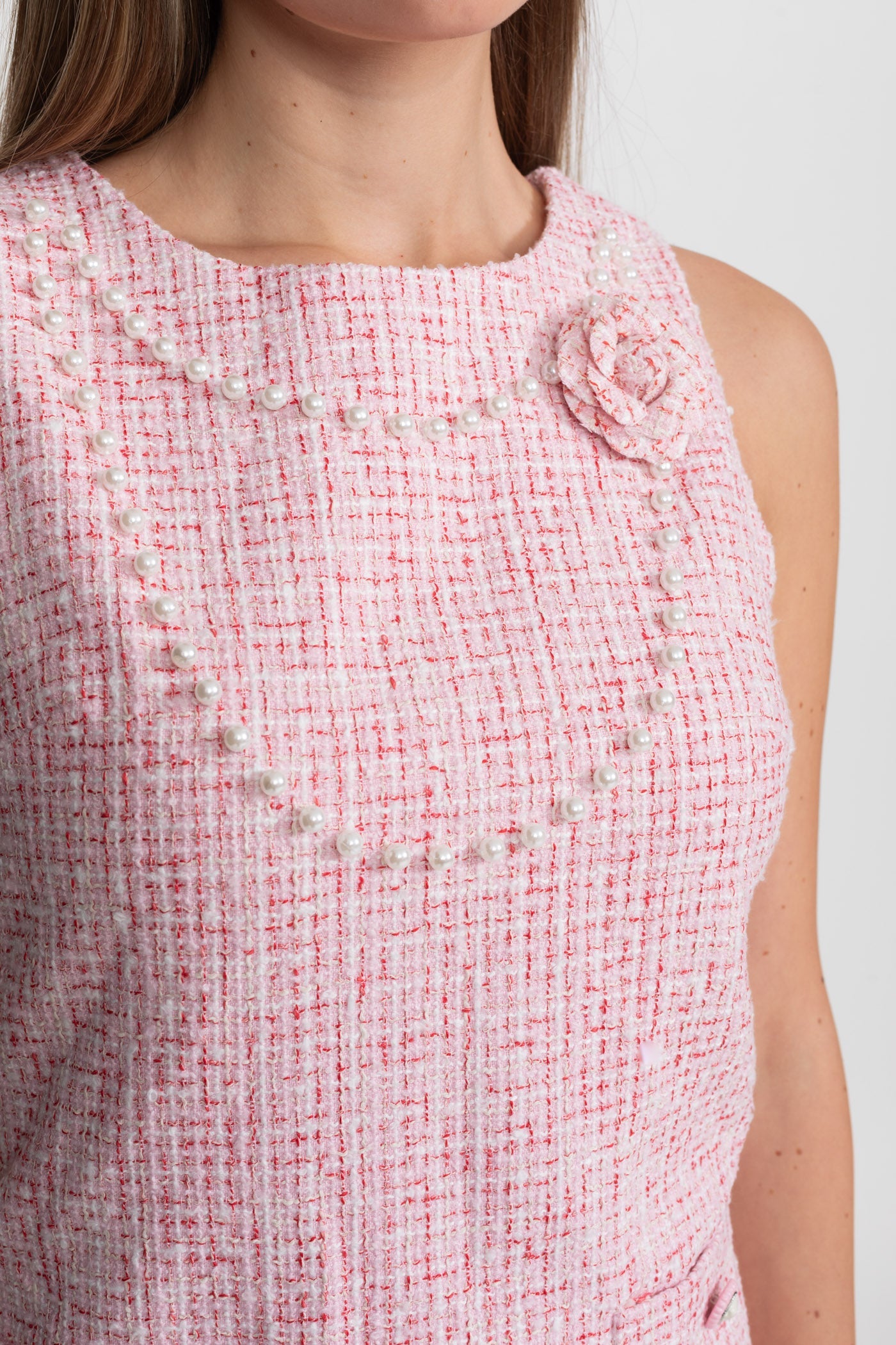 Sleeveless Tweed Mini Dress With Pearl Trim – Pink