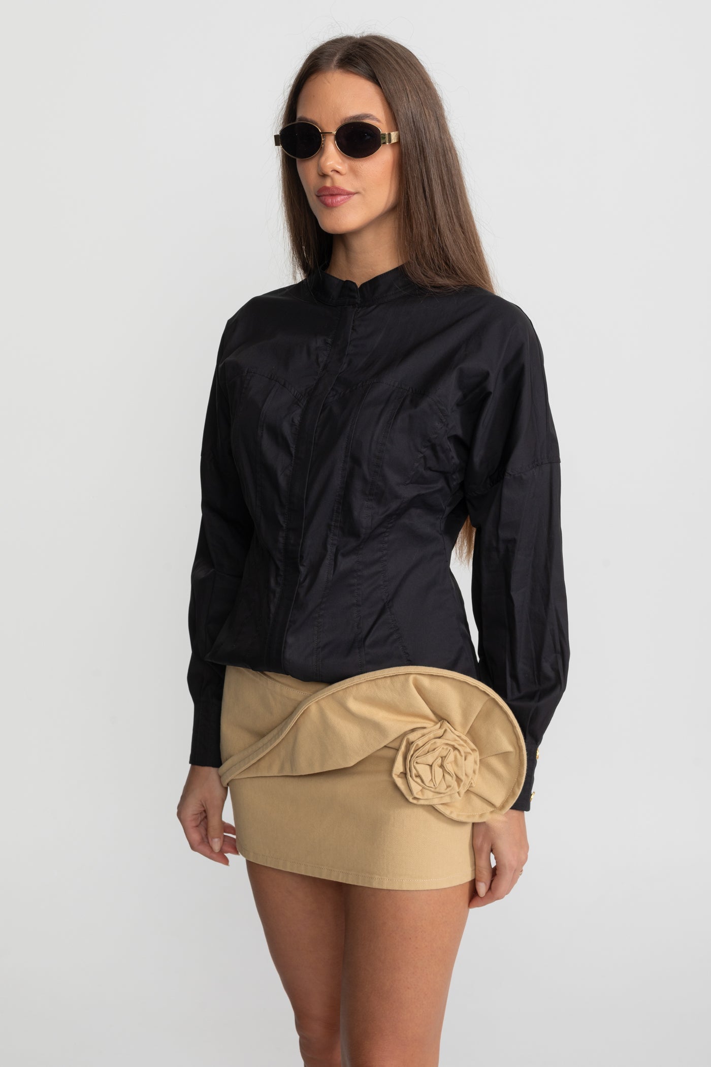 Structured Cotton Poplin Shirt With Corset Stitch Detailing – Black
