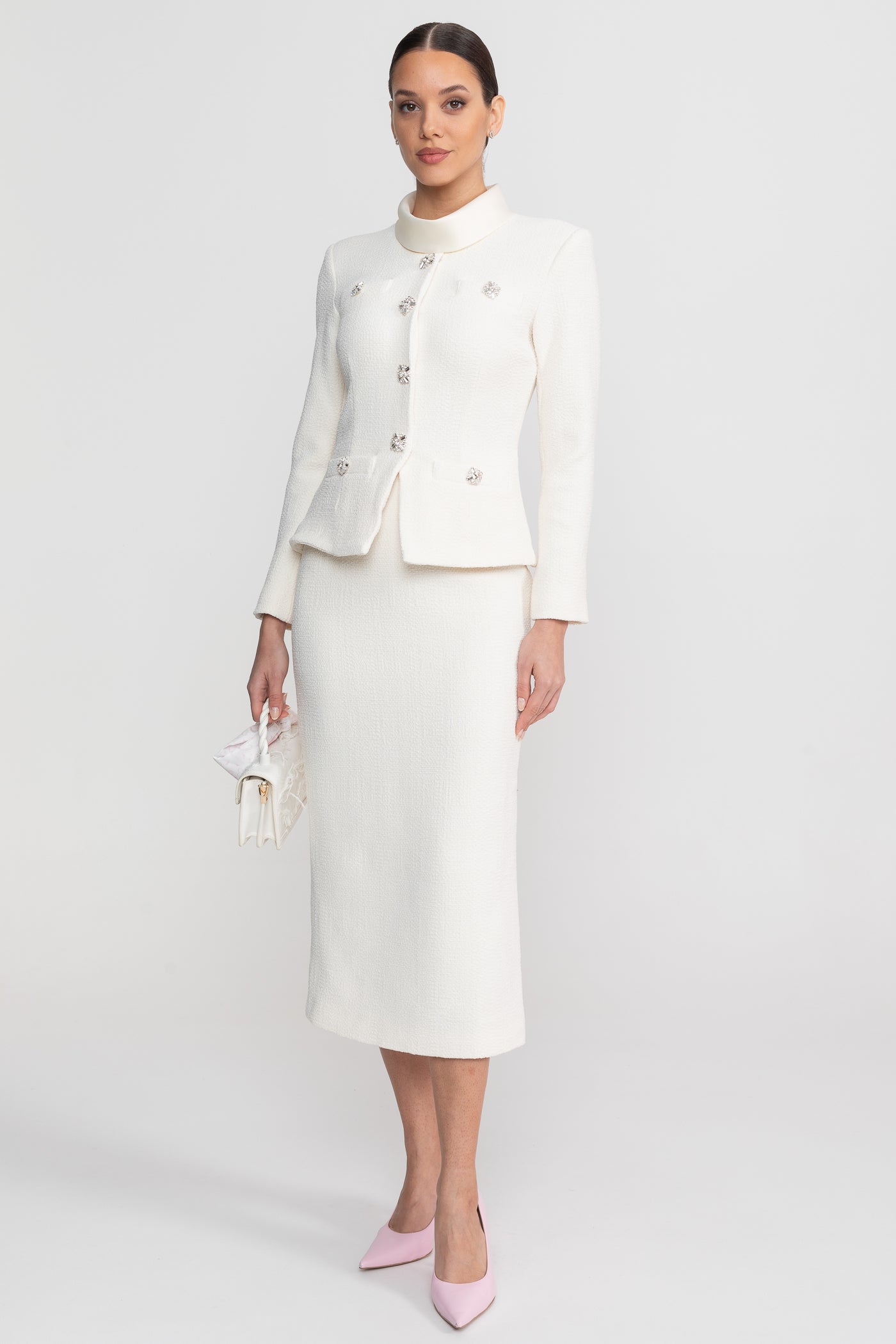 Textured Co-Ord Set With High Neck Jacket And Crystal Button Detail - White