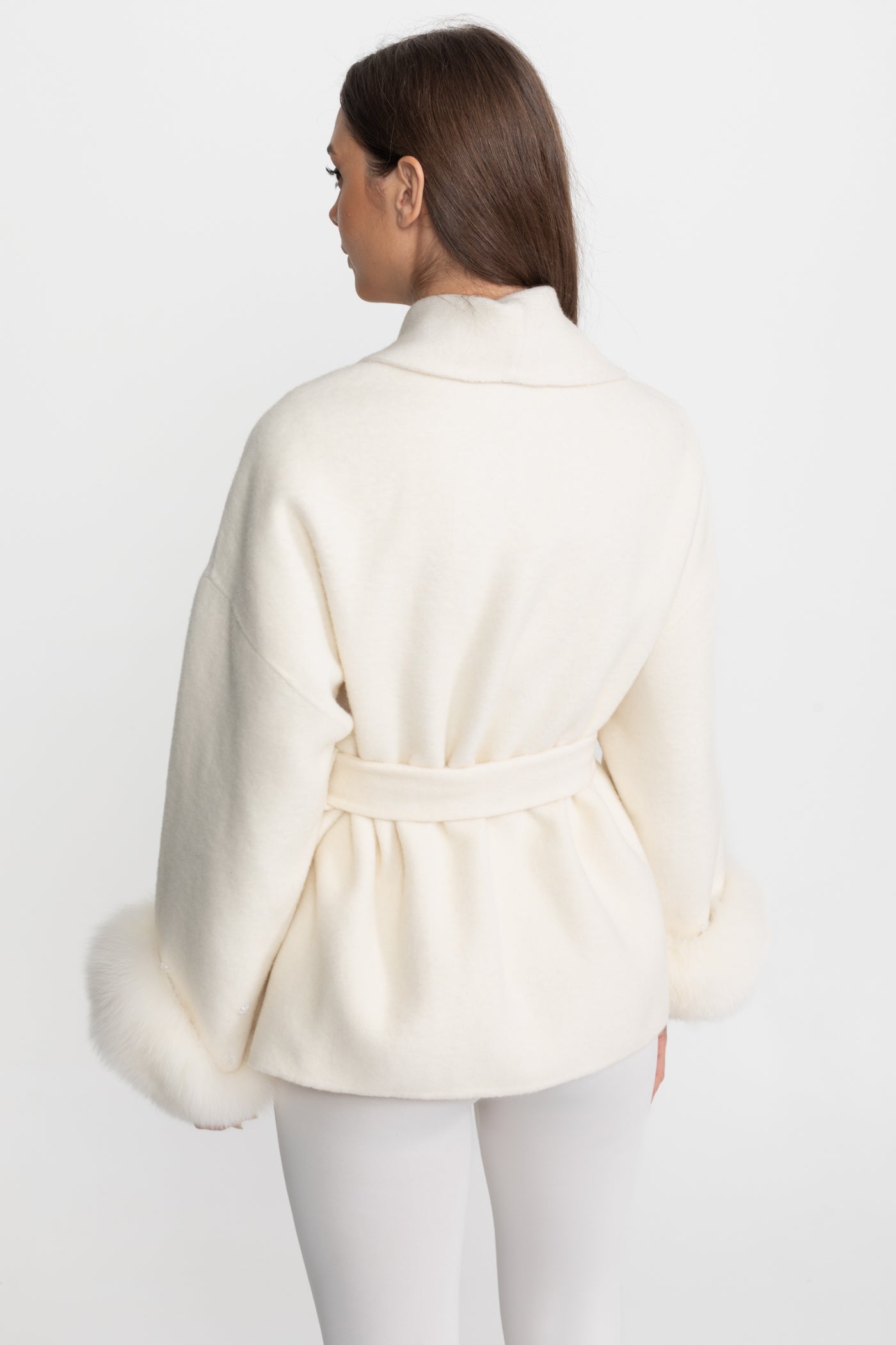 Wool Blend Wrap Jacket with Fox Fur Cuffs - Ivoire