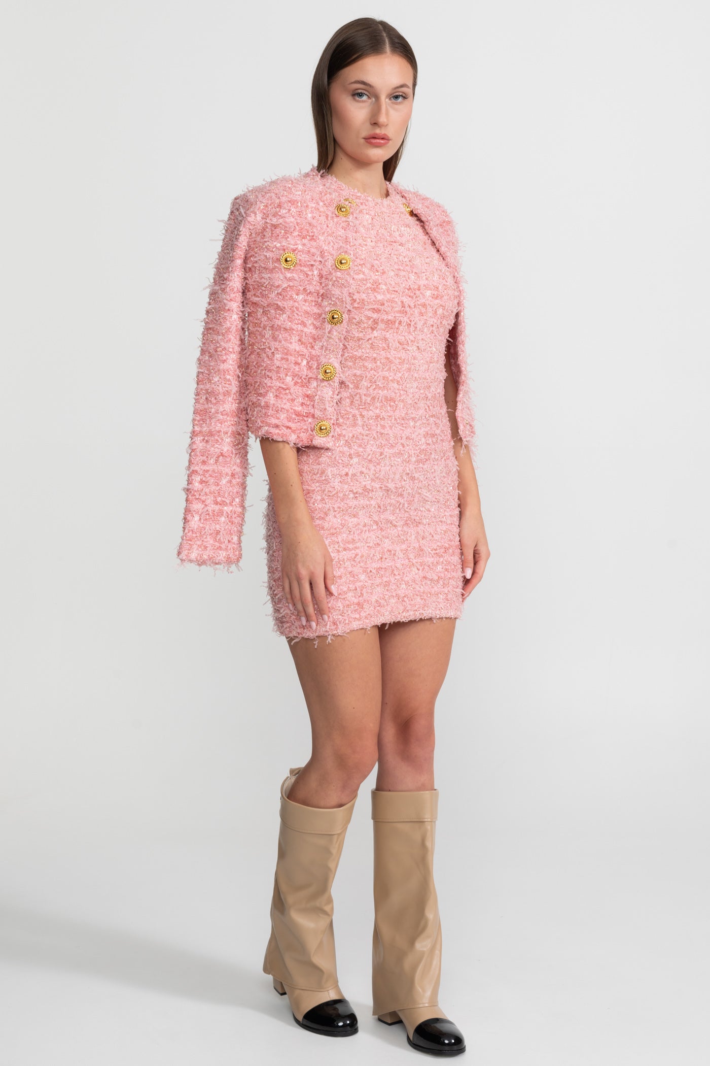 Textured Tweed Mini Dress With Gold Button Embellishments – Pink