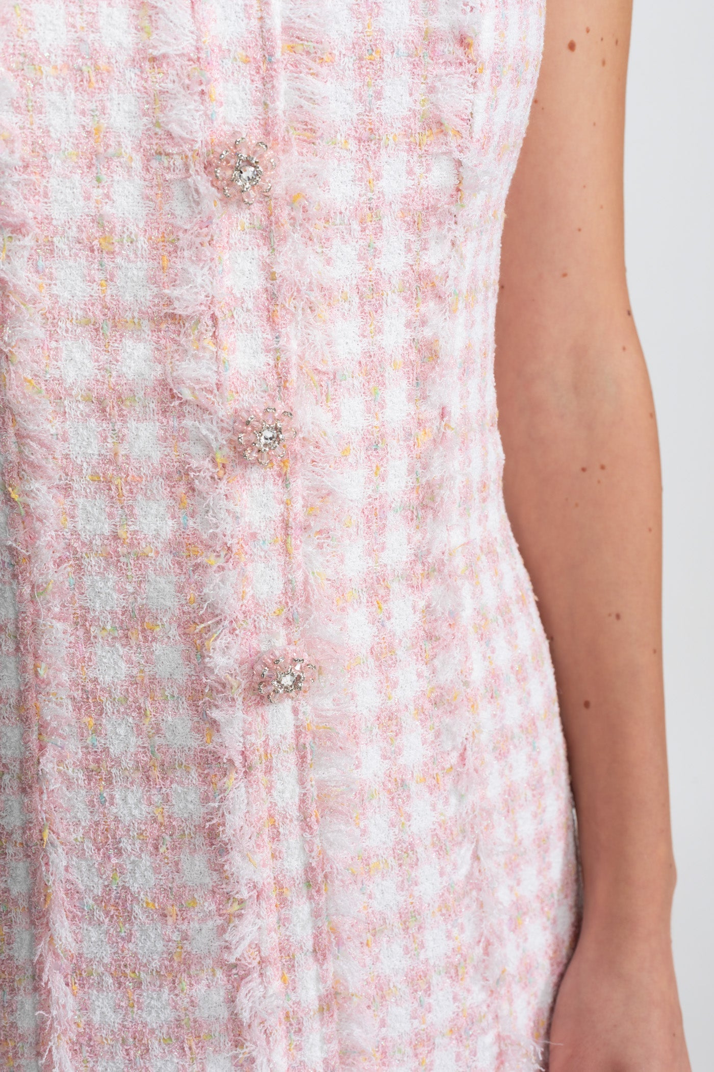 Sleeveless Tweed Mini Dress With Frayed Trim – Blush Pink