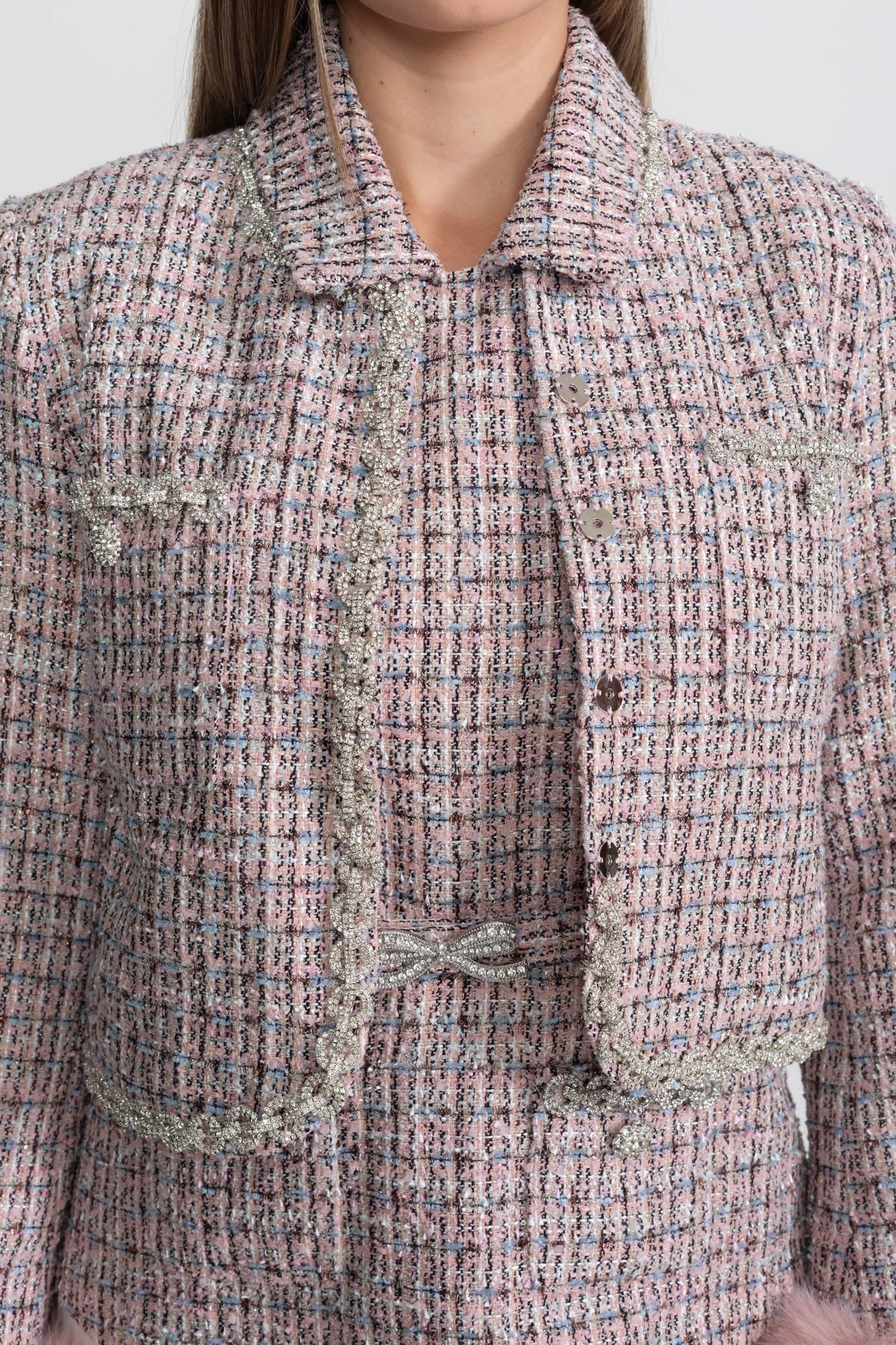 Tweed Cropped Jacket with Faux Fur Cuffs - Pink