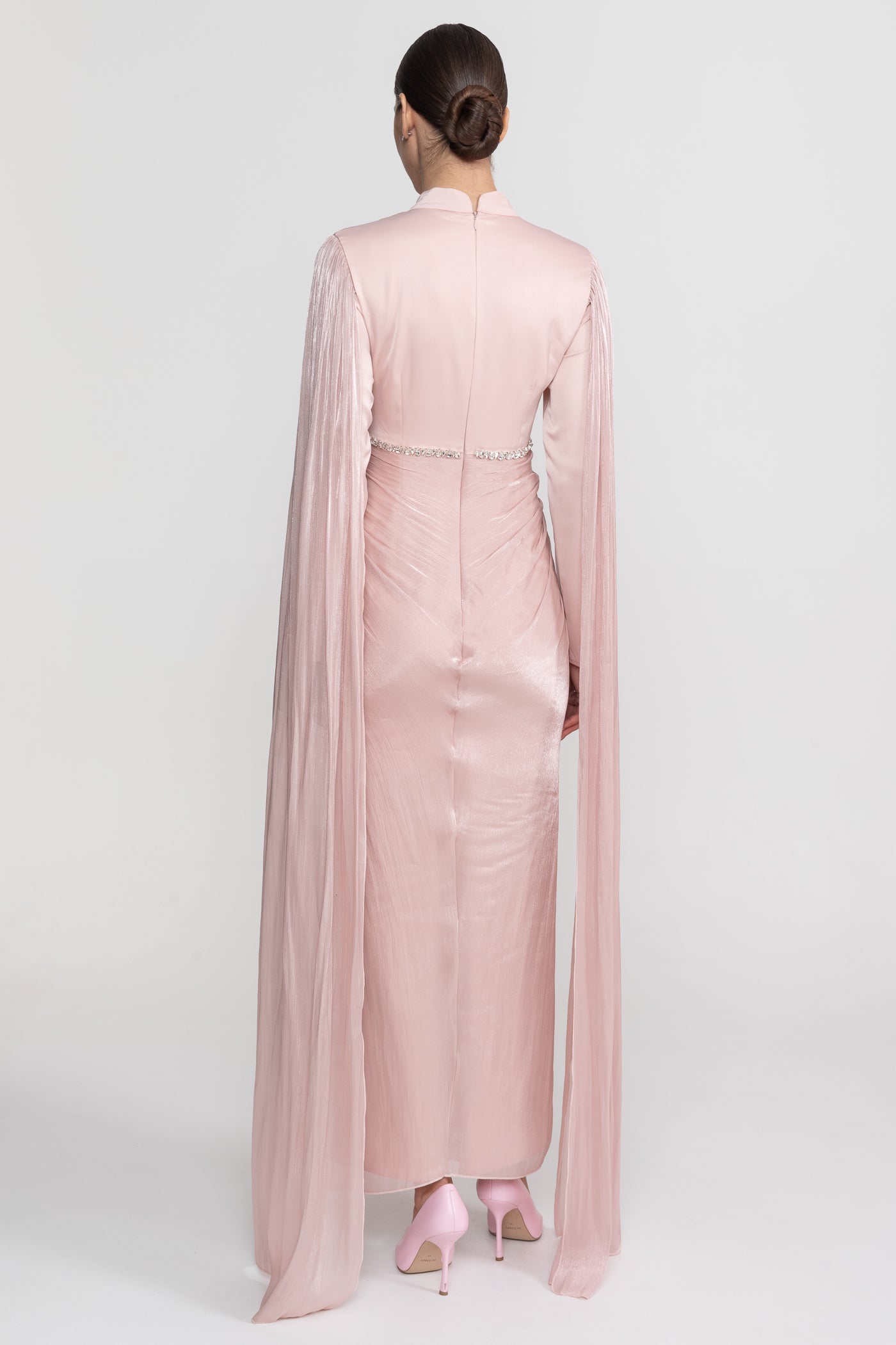 Long Sleeve Maxi Dress With Draped Overlay And Crystal Waist Trim - Blush Pink