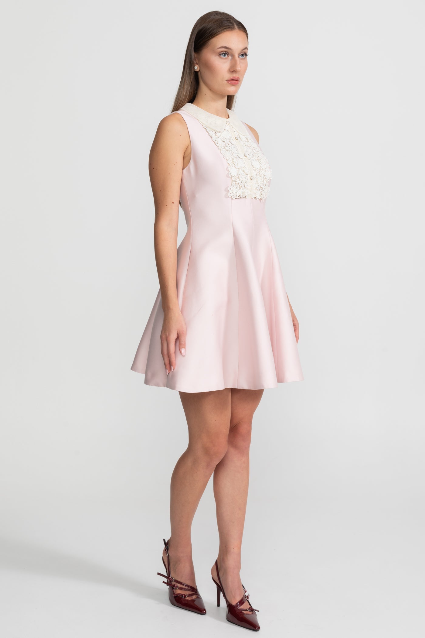A-Line Mini Dress with Lace Bib – Blush Pink