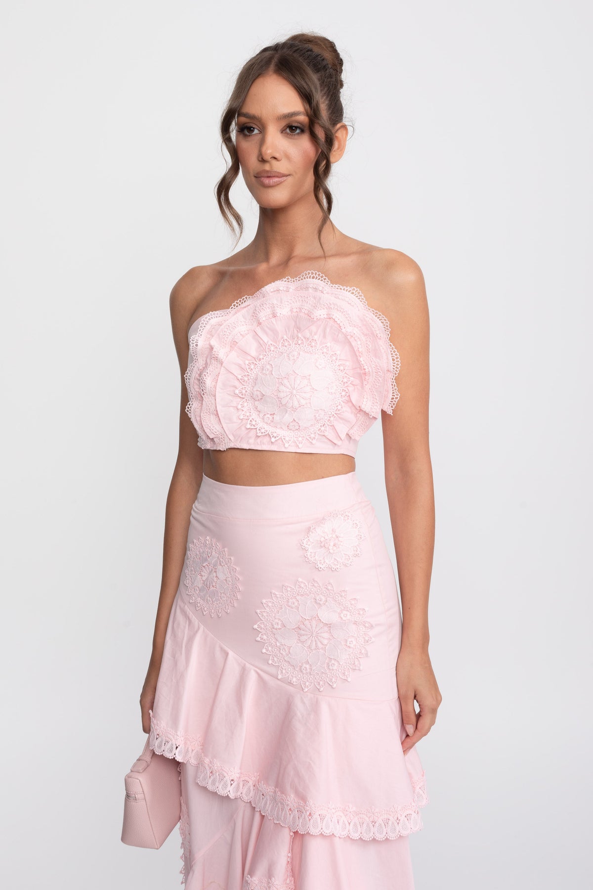 Crochet Medallion Two-Piece Set With Ruffled Maxi Skirt - Pink