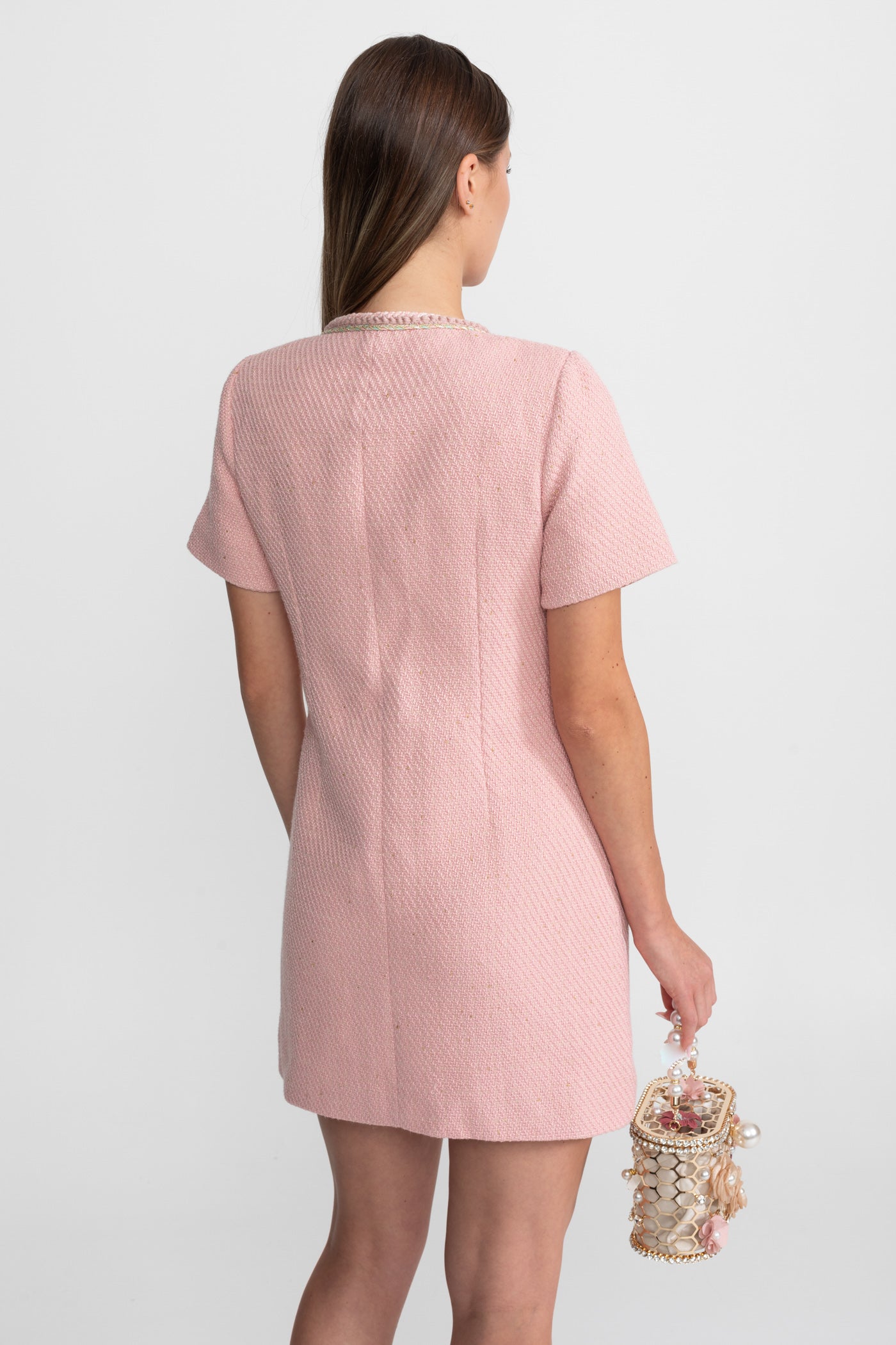 Short Sleeve Tweed Mini Dress With Pearl Buttons – Blush Pink