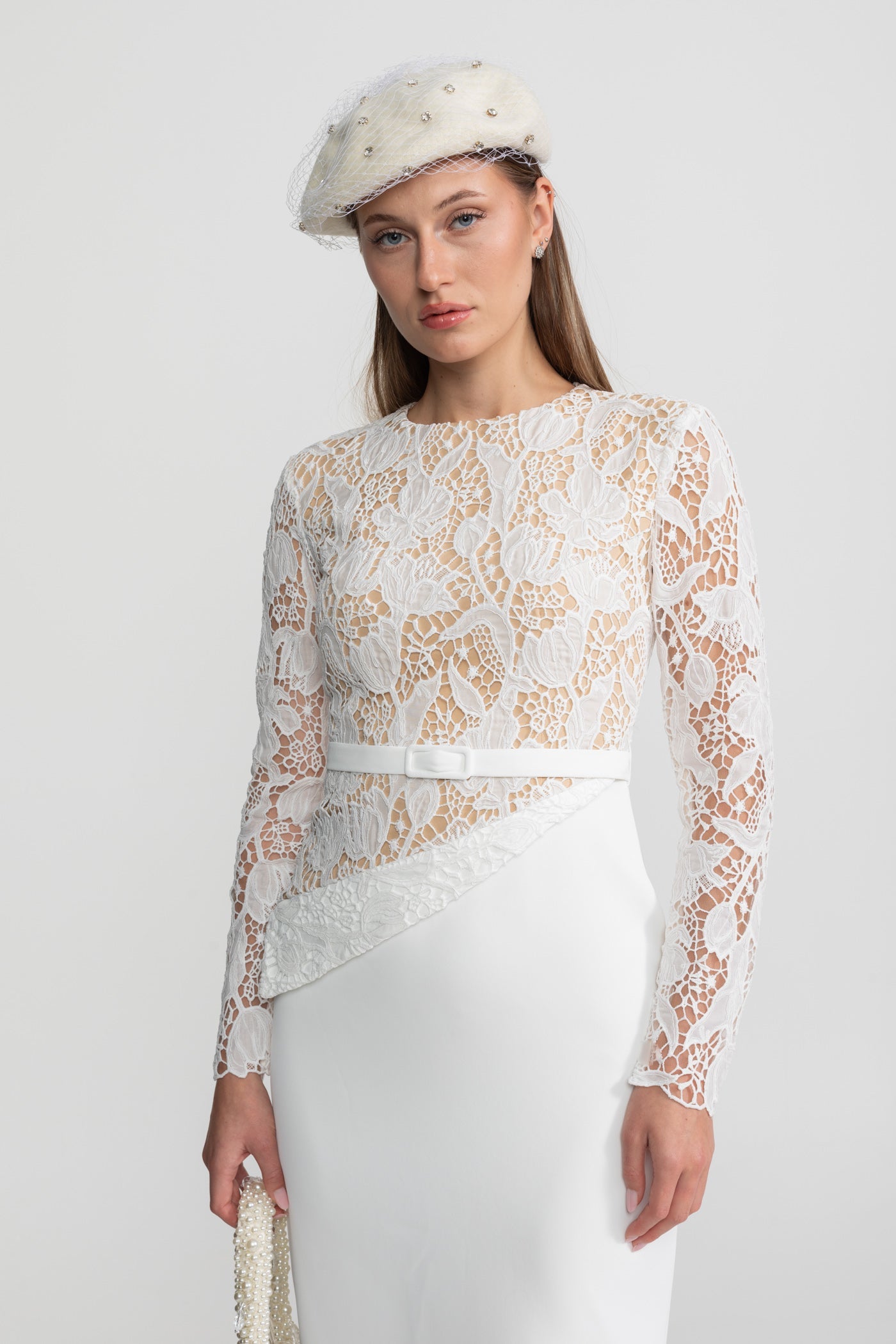 Elegant Midi Dress With Sheer Lace Bodice – White