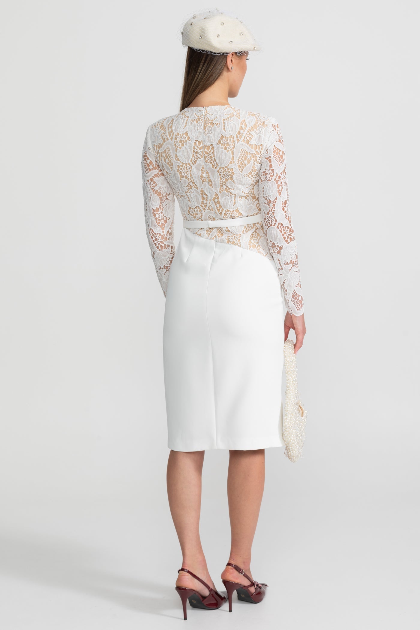 Elegant Midi Dress With Sheer Lace Bodice – White