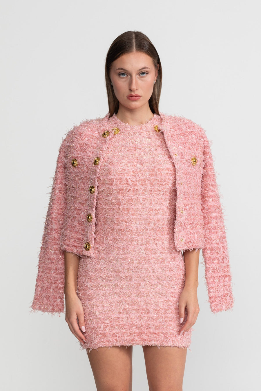 Viola Pink Textured Tweed Jacket With Gold Button Embellishments