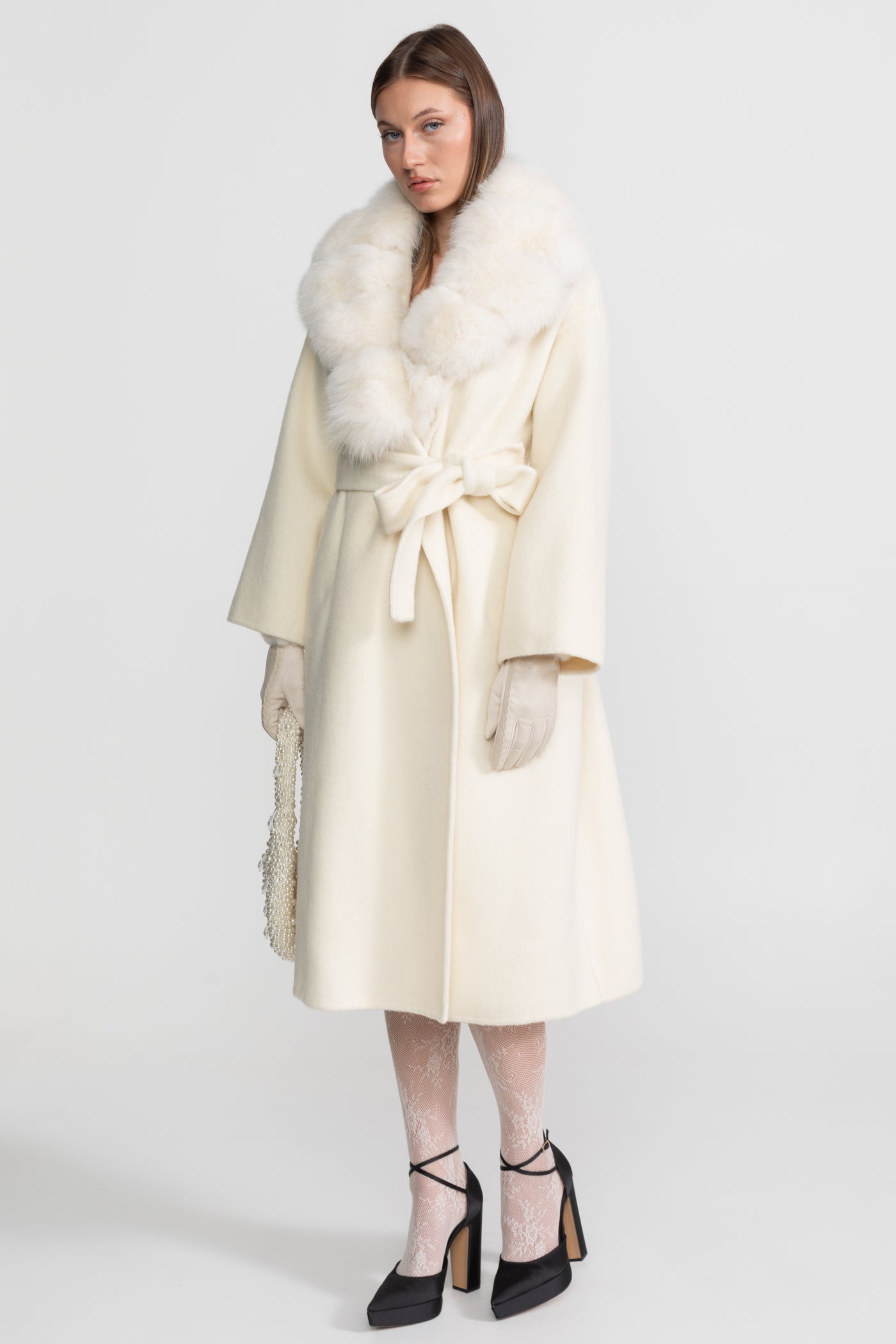 Wool Wrap Coat with Fox Fur Collar And Tie Belt – Ivoire