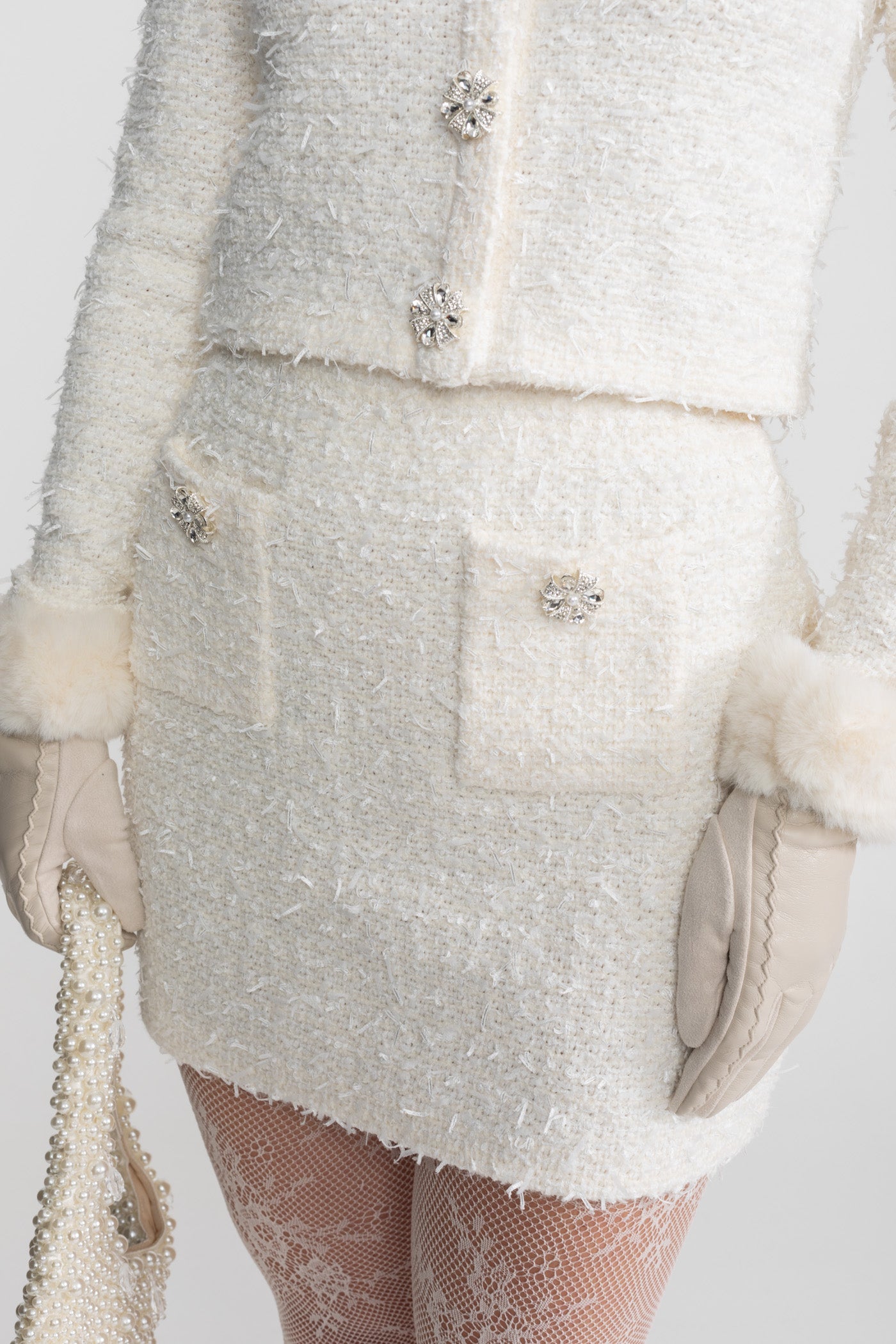 Tweed Mini Skirt With Crystal Buttons - Ivoire