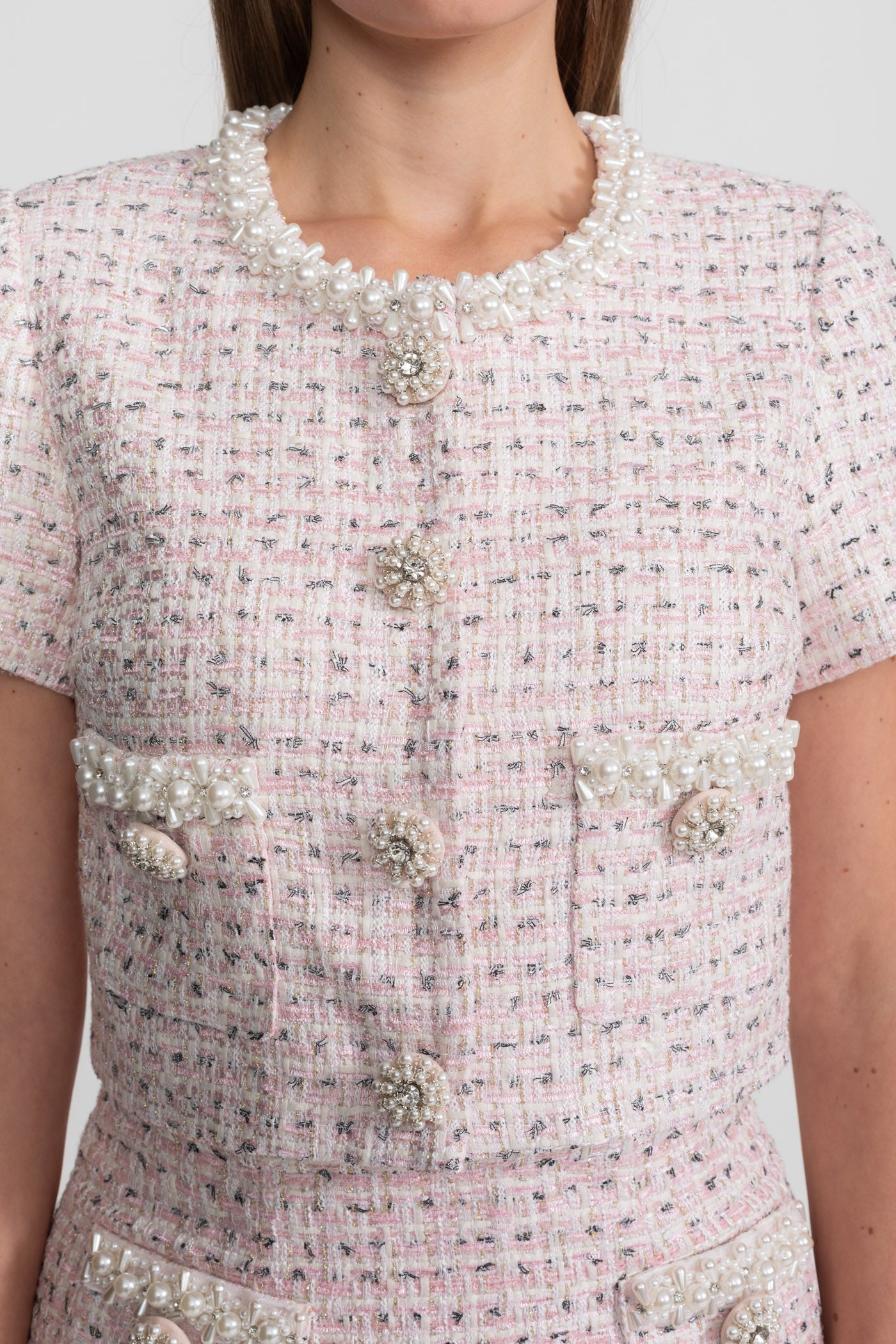 Short Sleeve Pearl-Embellished Top With Sparkling Buttons - Pink
