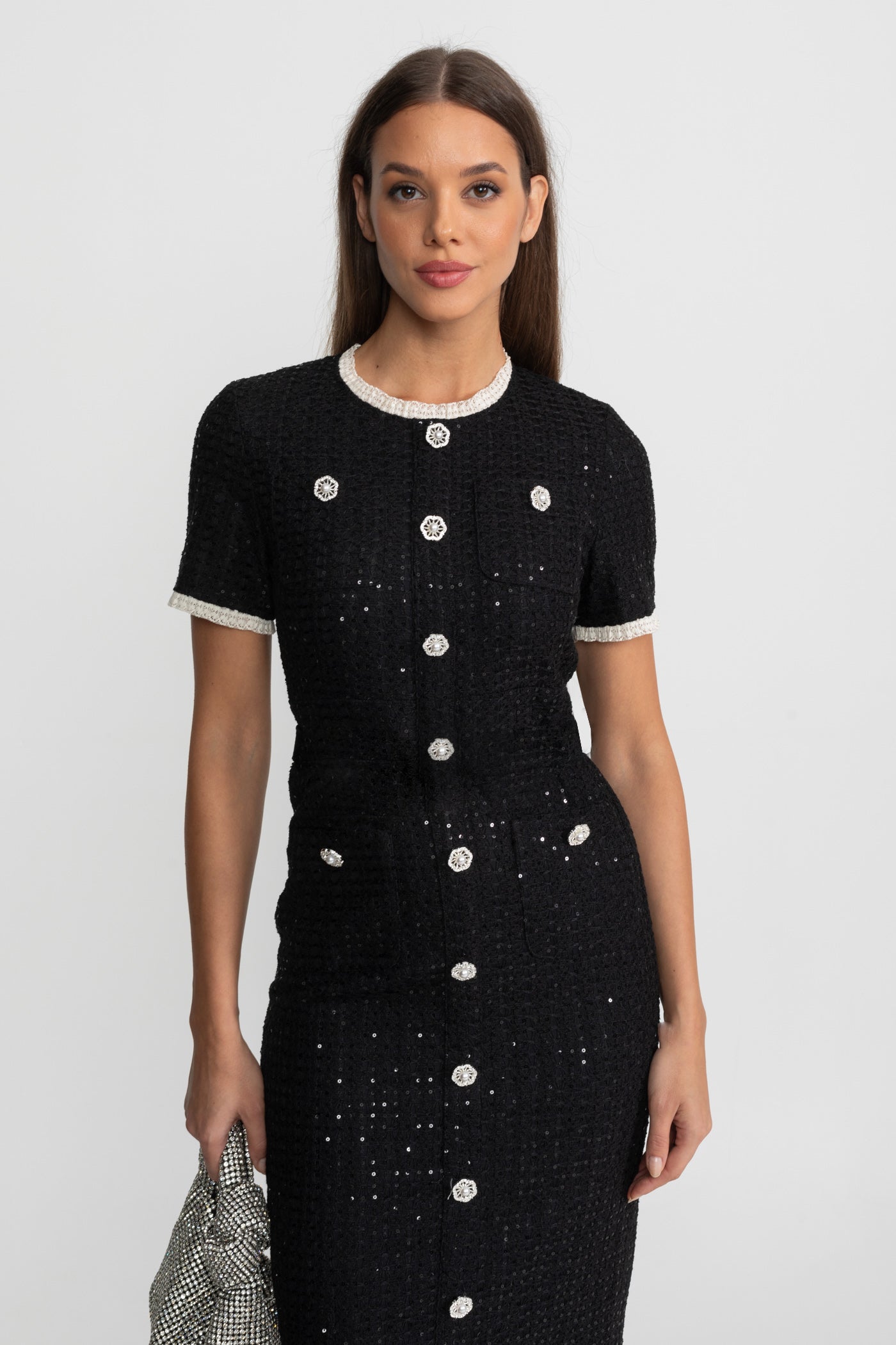 Sequin Midi Dress With Crystal Buttons and Lace Trim – Black
