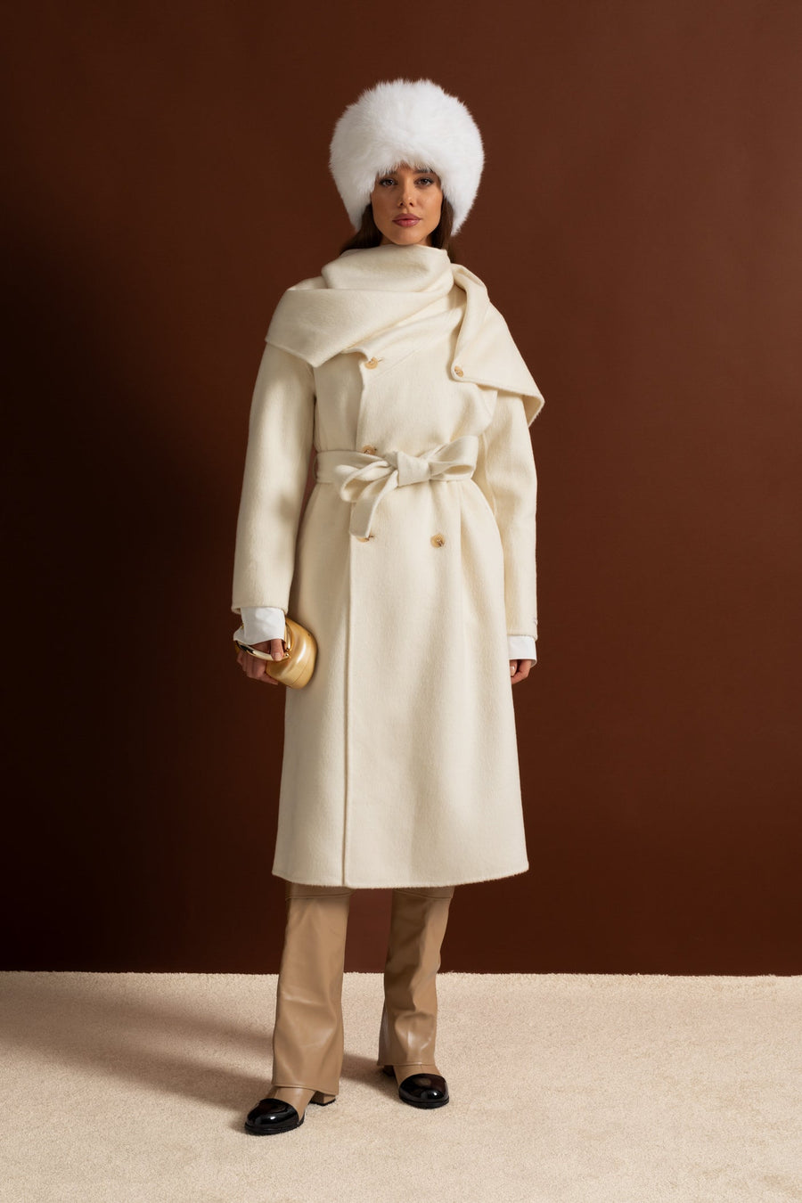 Maxi Coat with Oversized Scarf Collar - Beige