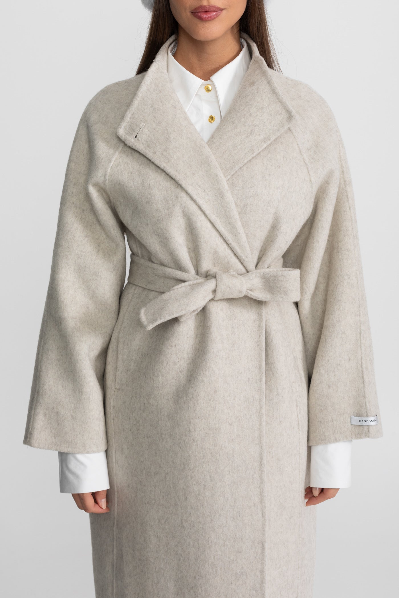 Belted Midi Coat With High Neckline - Beige