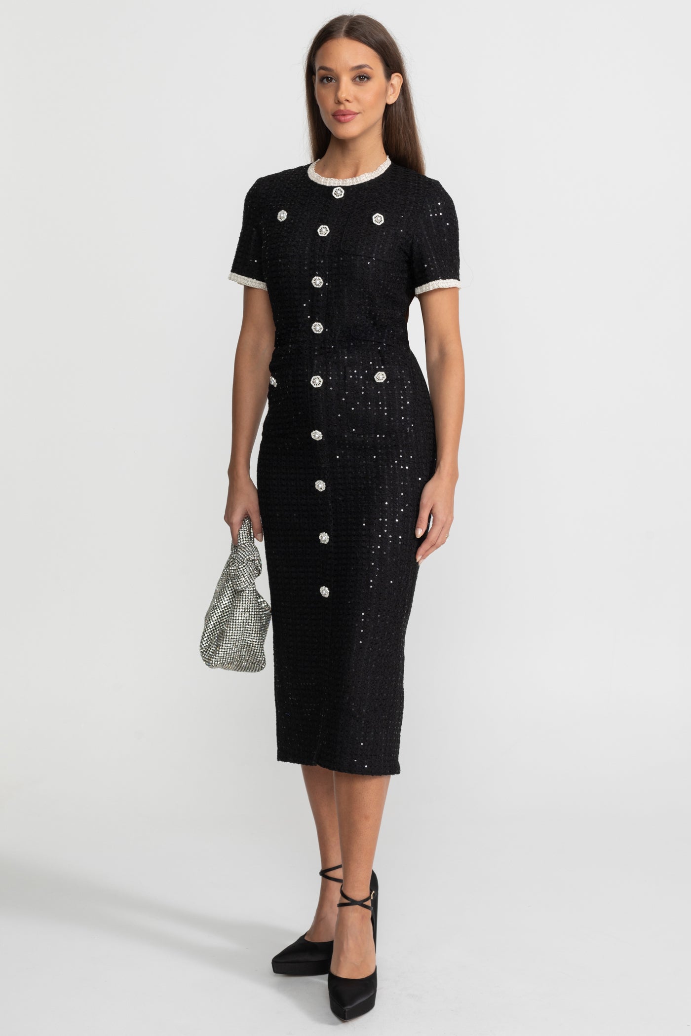 Sequin Midi Dress With Crystal Buttons and Lace Trim – Black