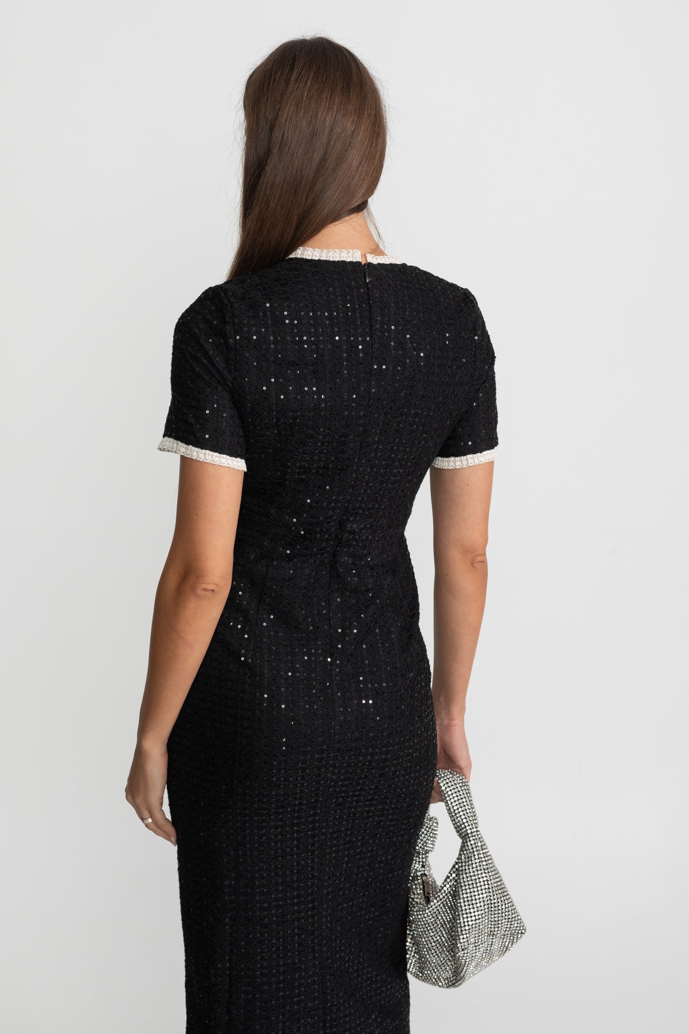 Sequin Midi Dress With Crystal Buttons and Lace Trim – Black