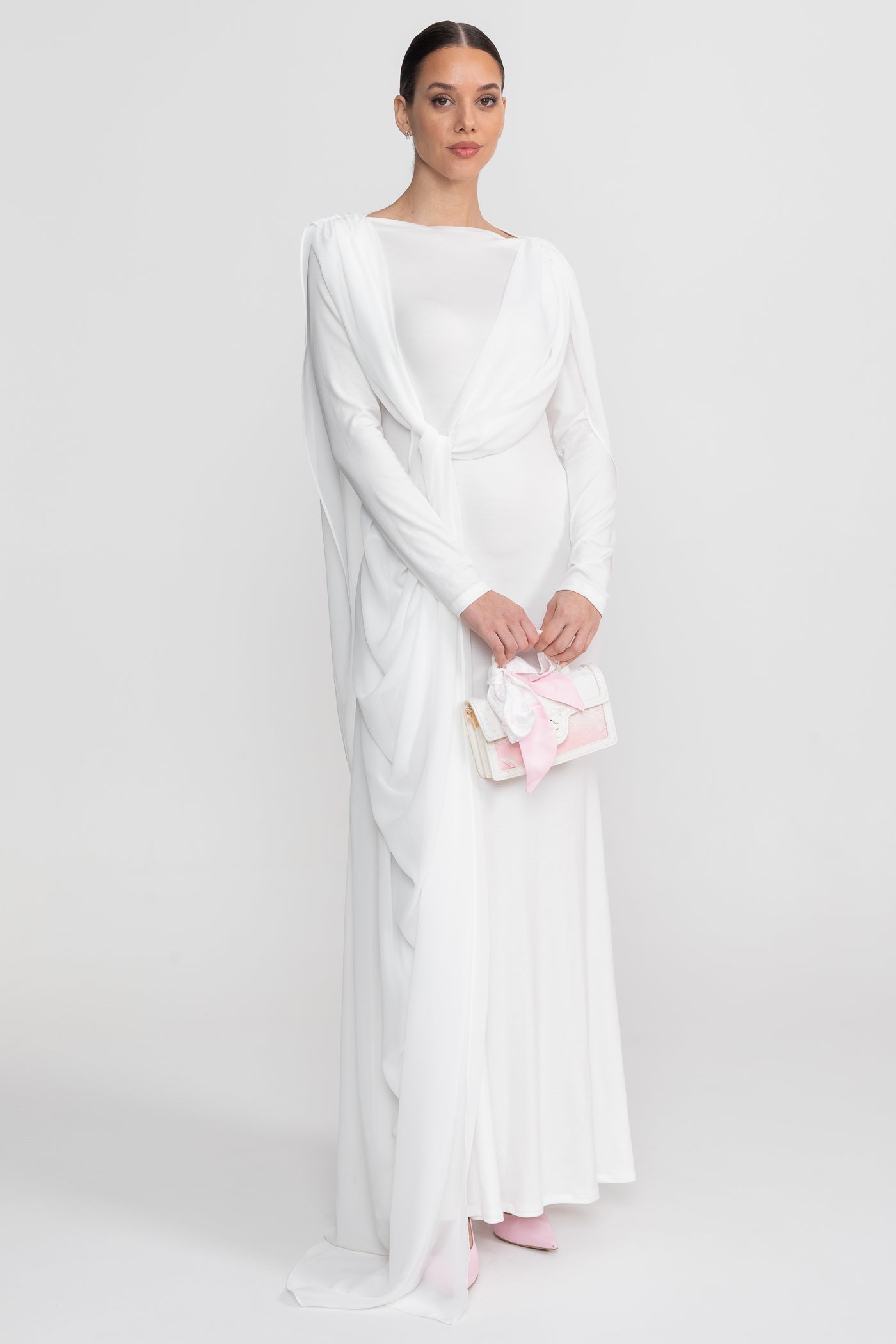 Draped Long Sleeve Maxi Dress With Cape Overlay With Knot Front Detail  - White