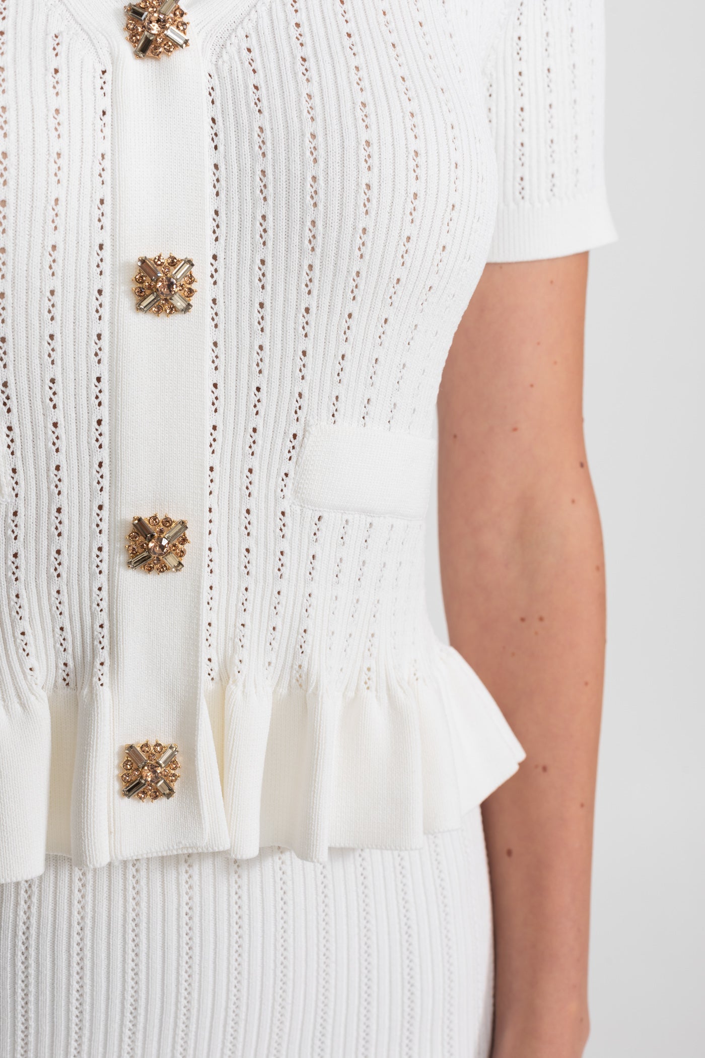 Knit Midi Co-Ord with Peplum Waist and Gold Buttons  – White