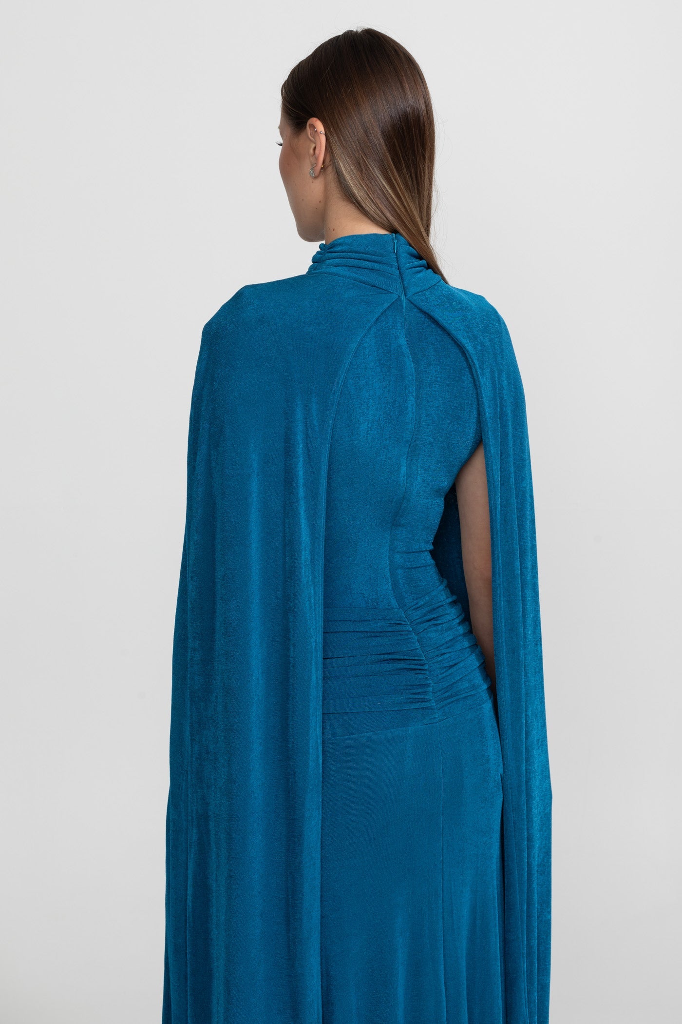 Elegant Cape Gown With High Neckline – Teal