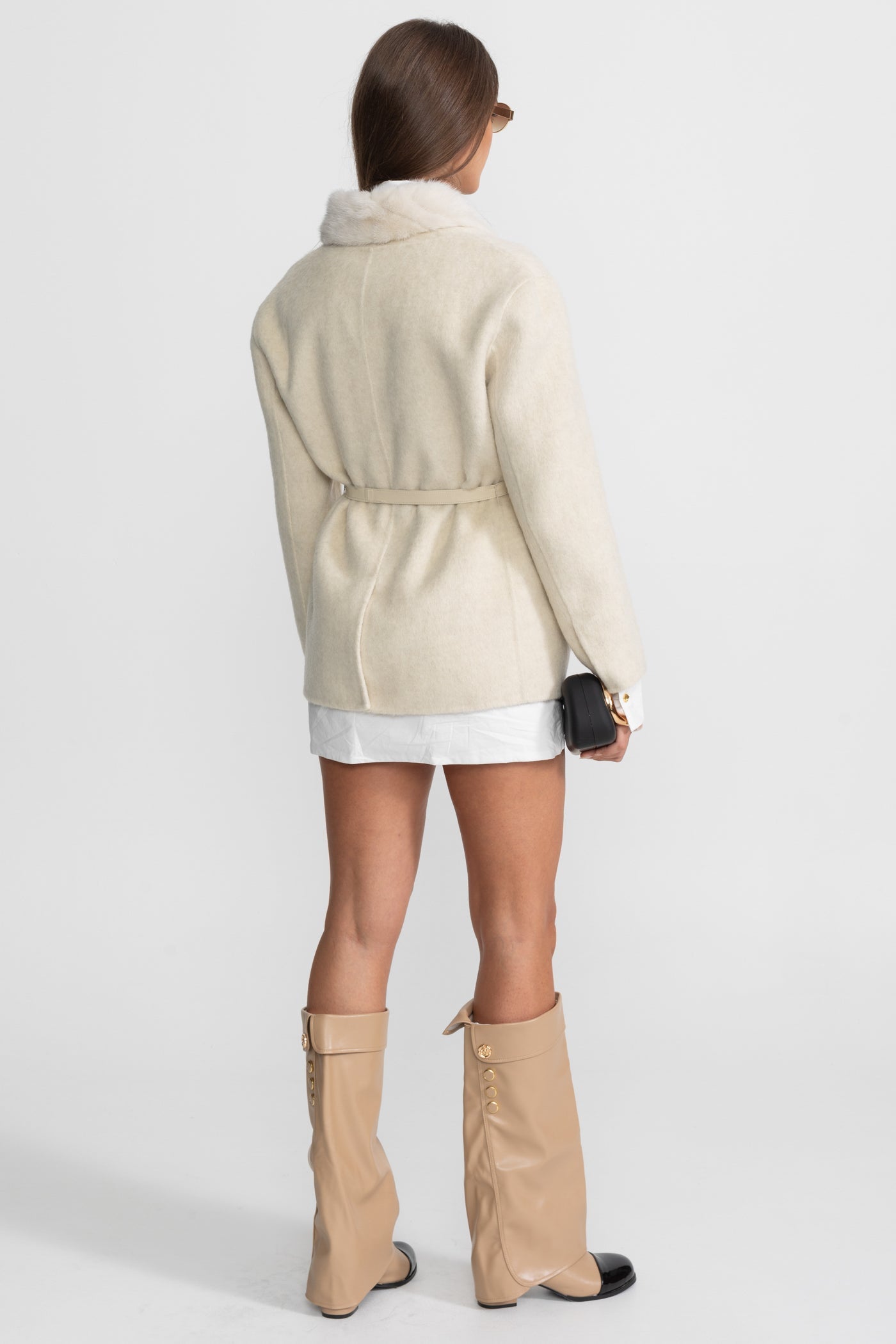Cashmere Trim Jacket With Belted Waist and Mink Fur – Ivoire