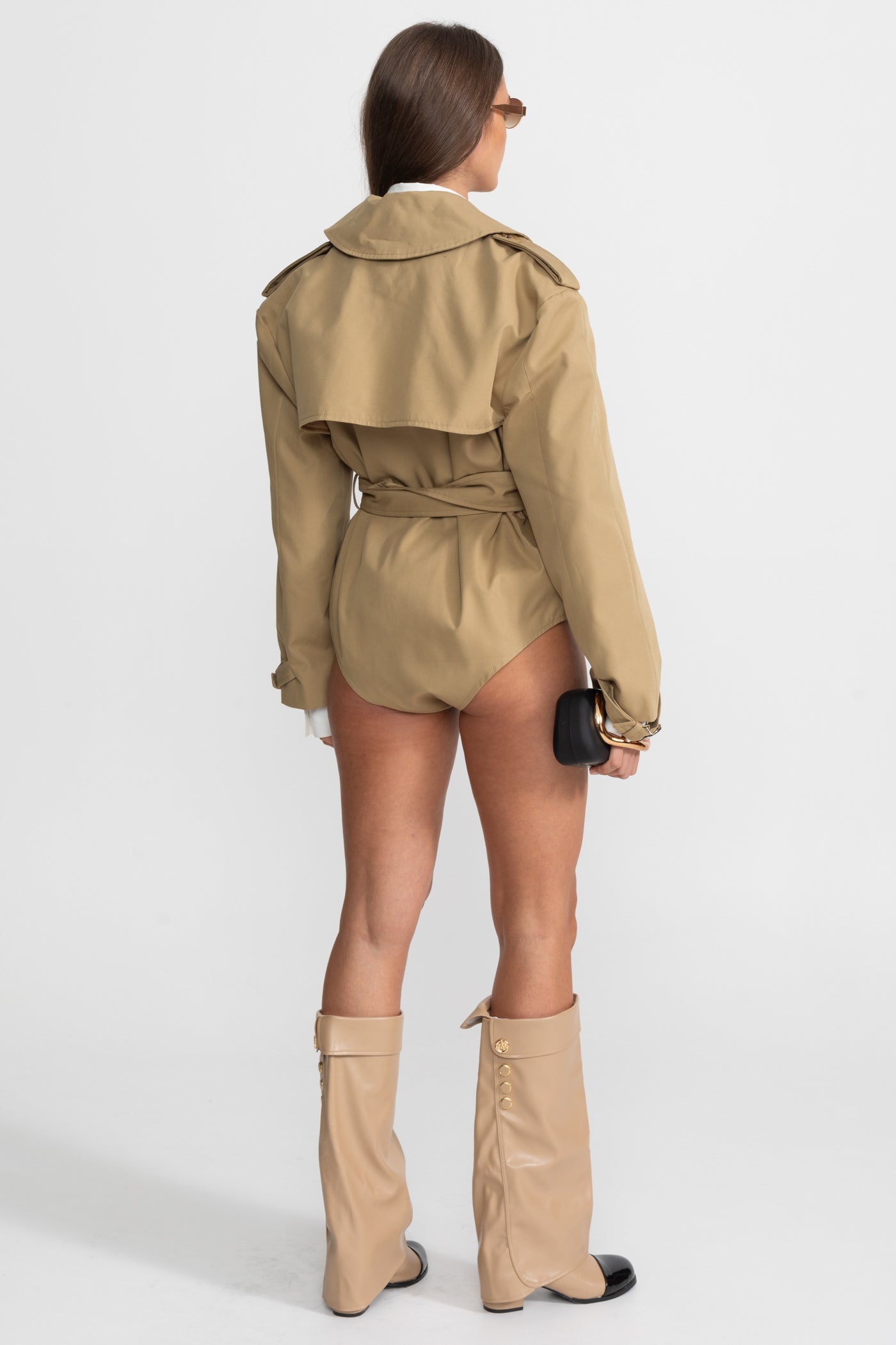 Trench Bodysuit Jacket with Belted Waist and Structured Lapel - Beige