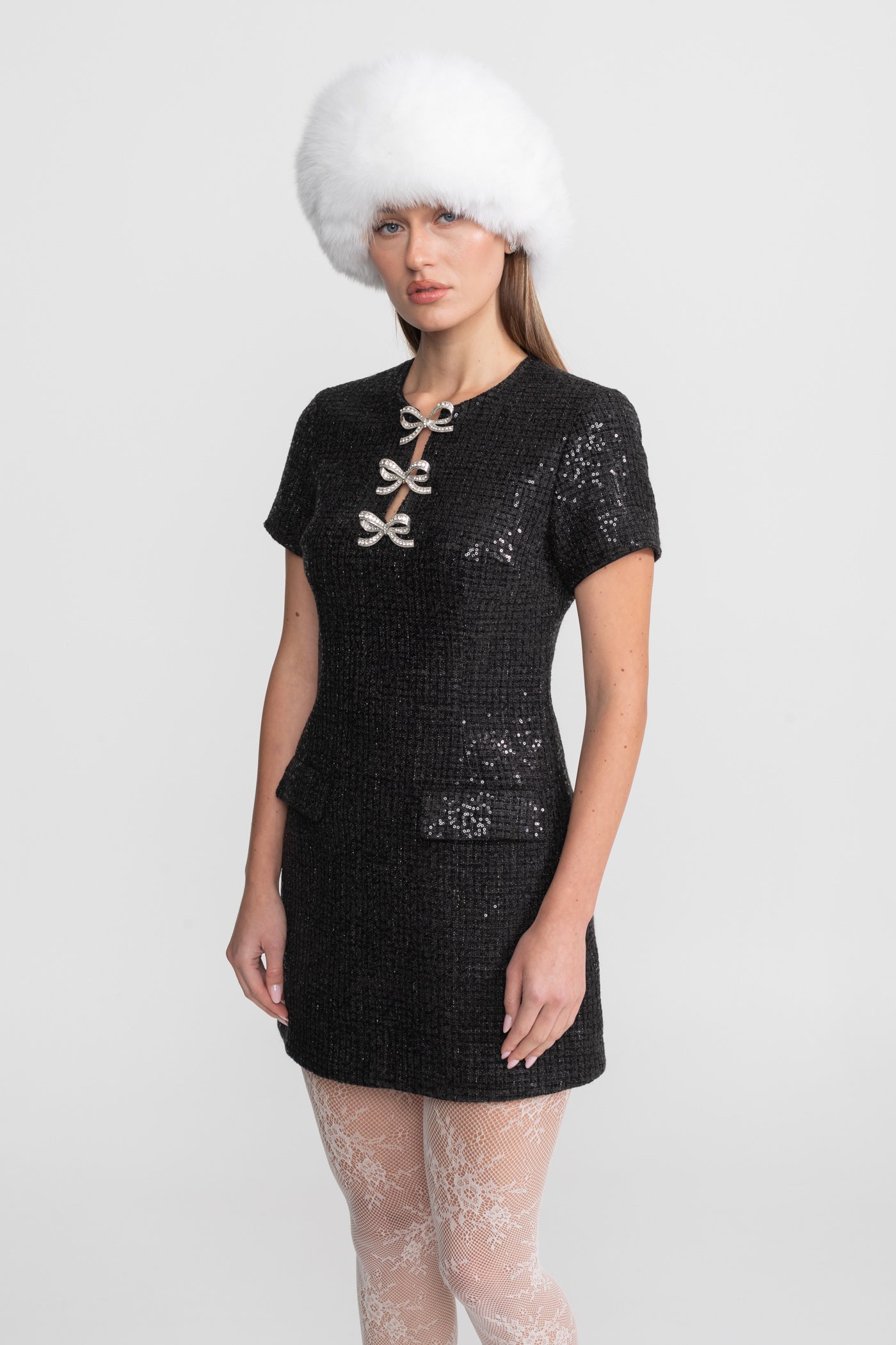 Sequin Mini Dress with Crystal Bow Accents - Black