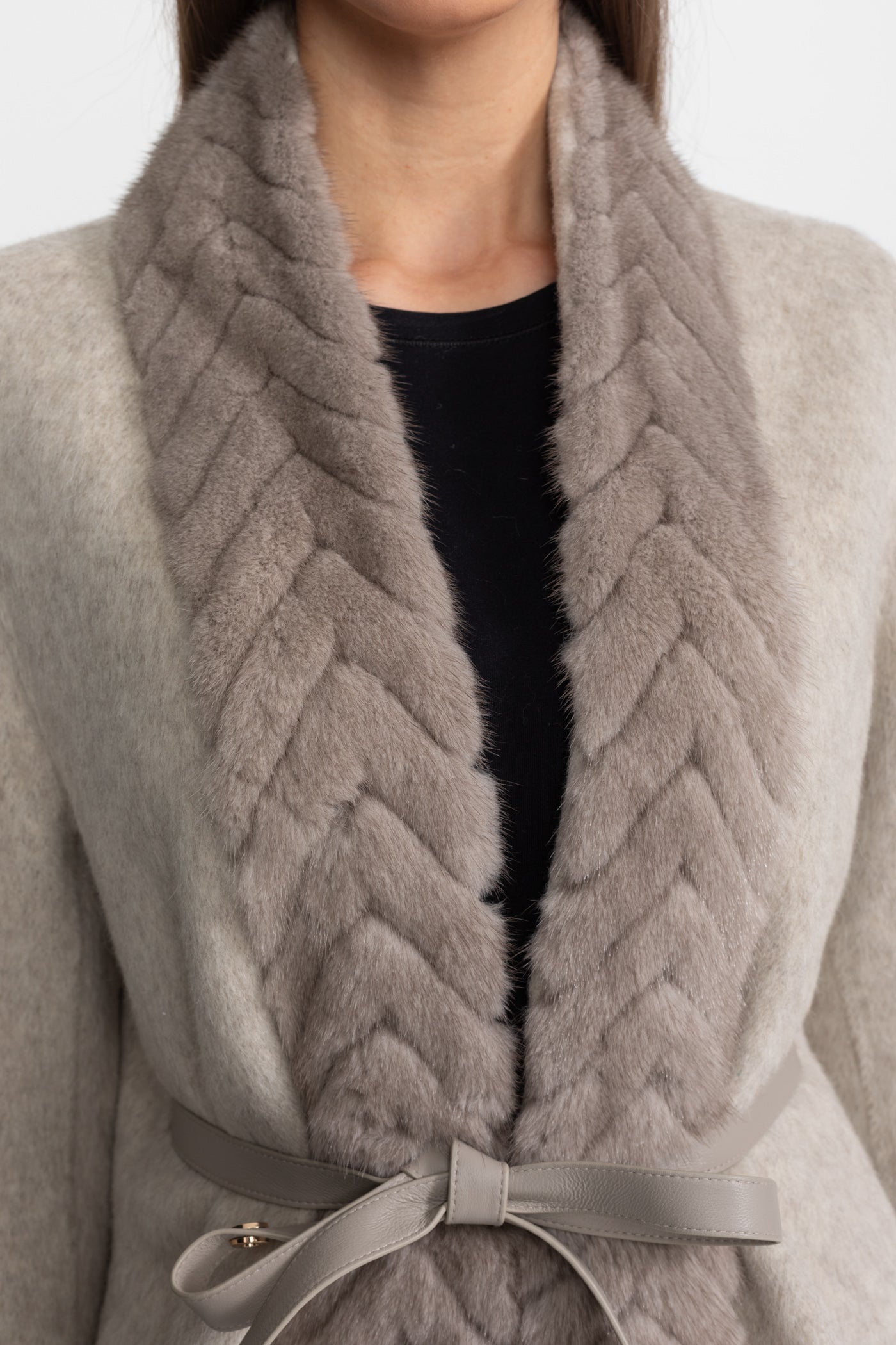 Wool Blend Belted Coat with Textured Sable Fur Panel – Beige