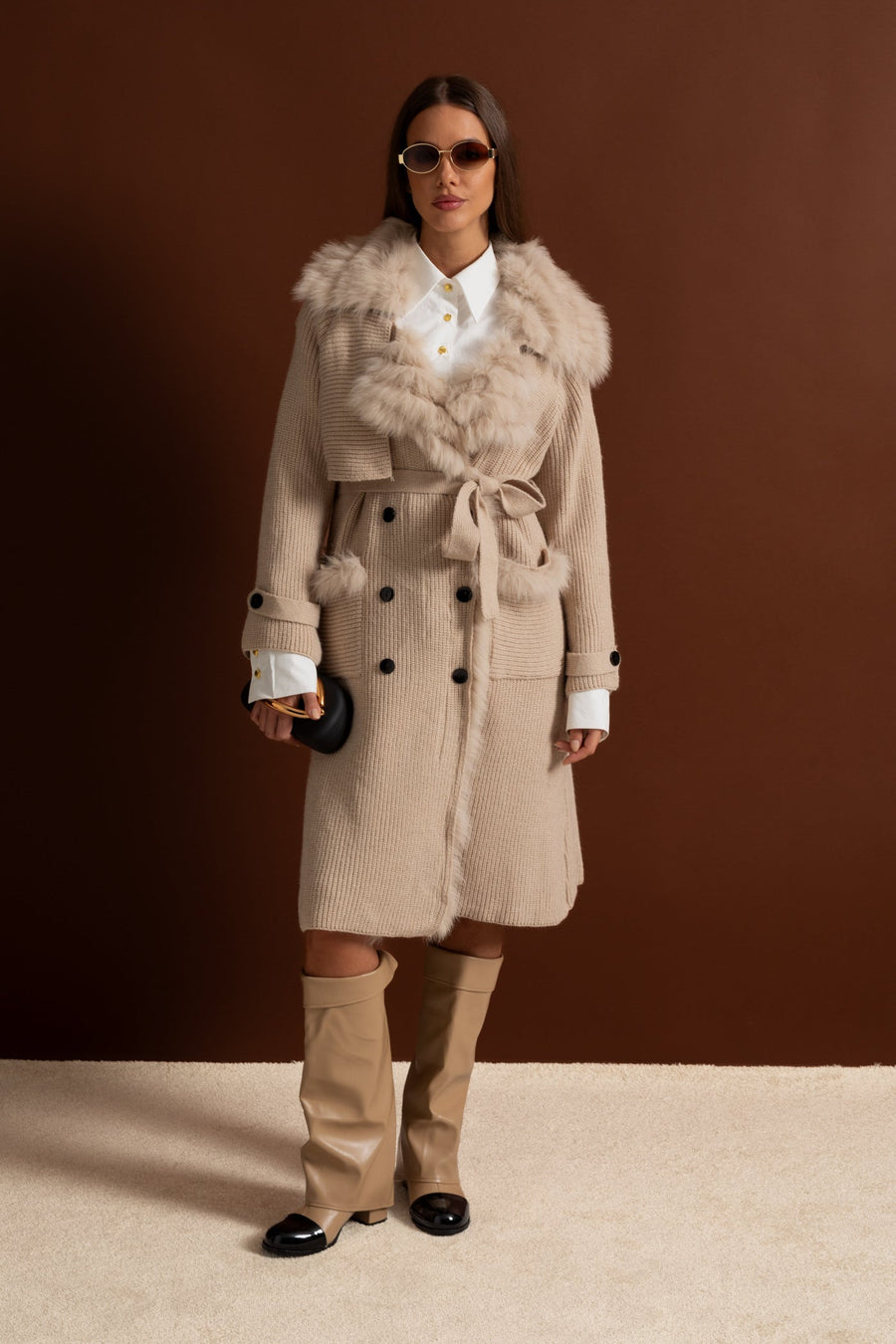 Ariadne Beige Double-Breasted Wool Knit Overcoat With Fur Trim