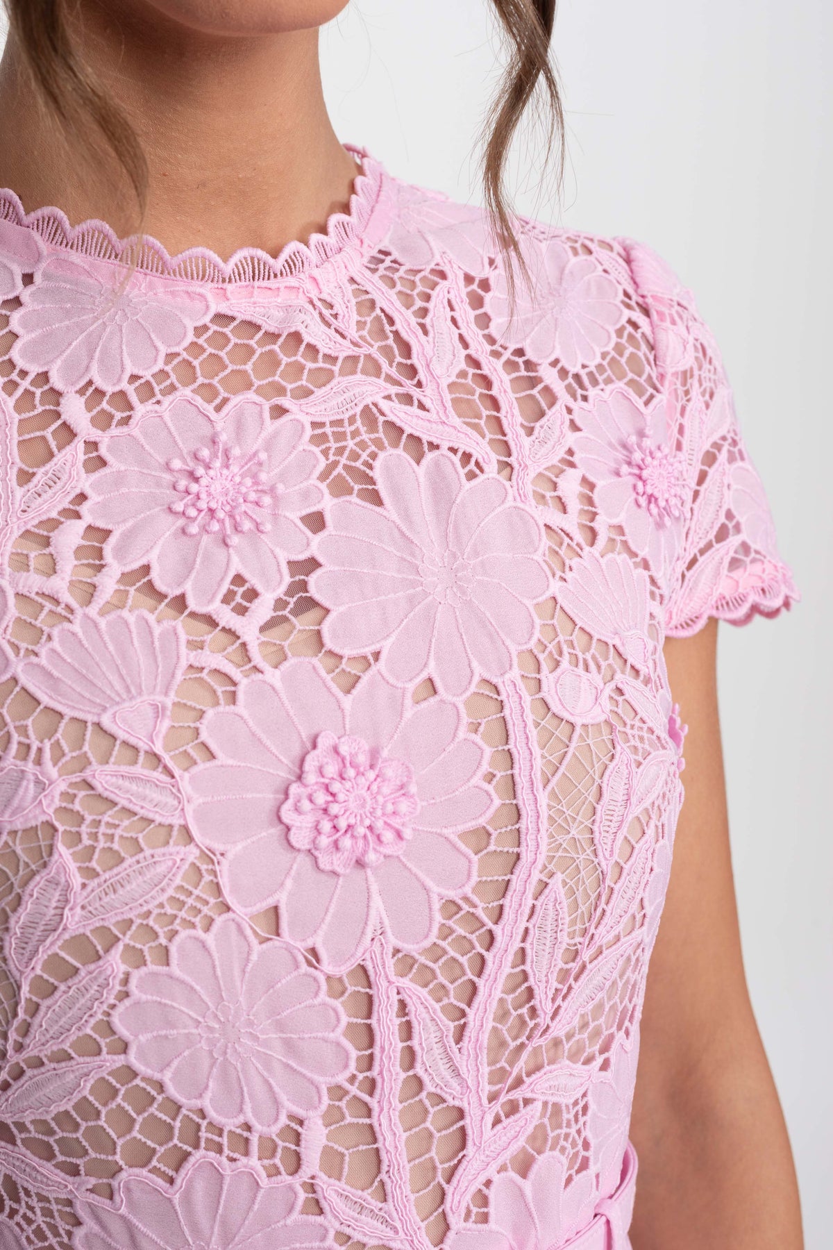 Floral Lace Belted Dress With Scalloped Round Neckline - Pink