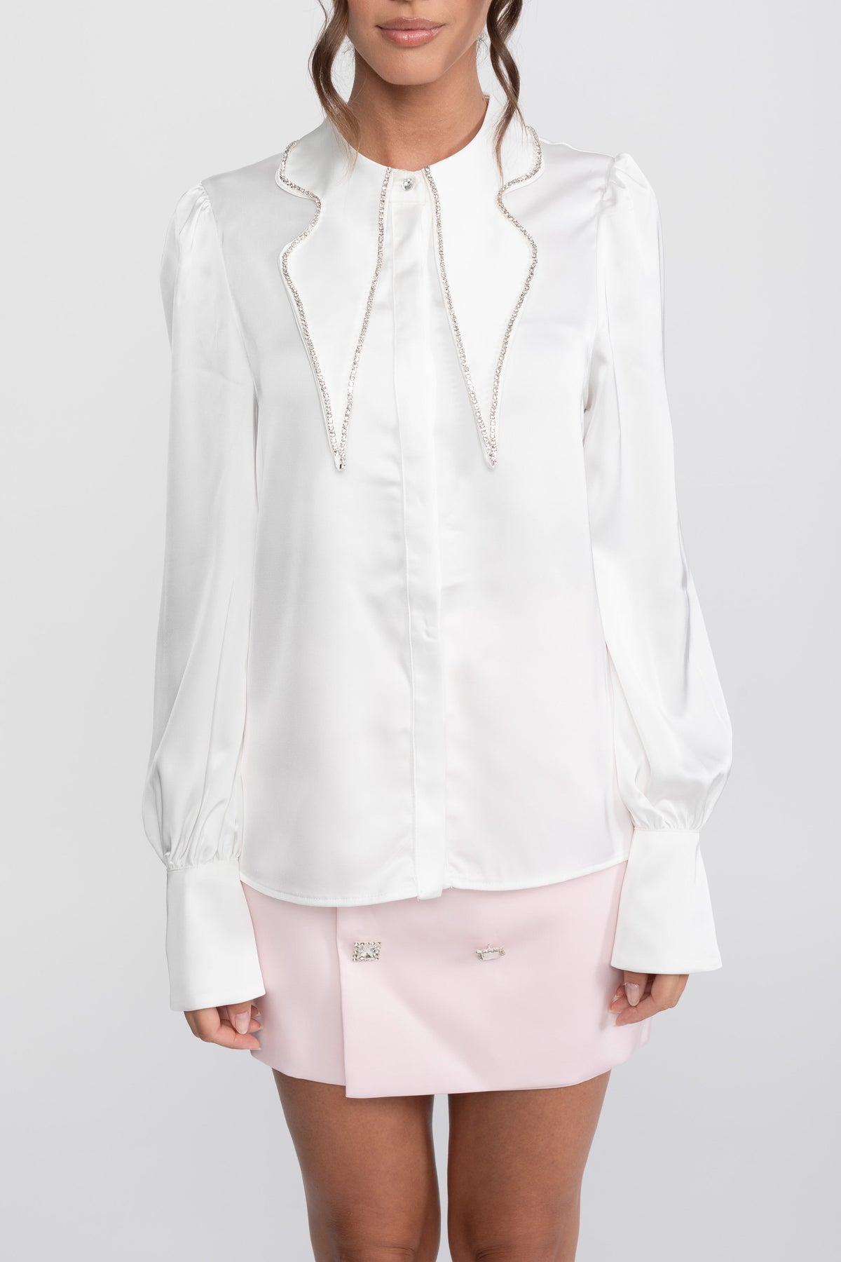 Crystal Collar Shirt And Contrasting Skirt Co-Ord Set- White / Pink